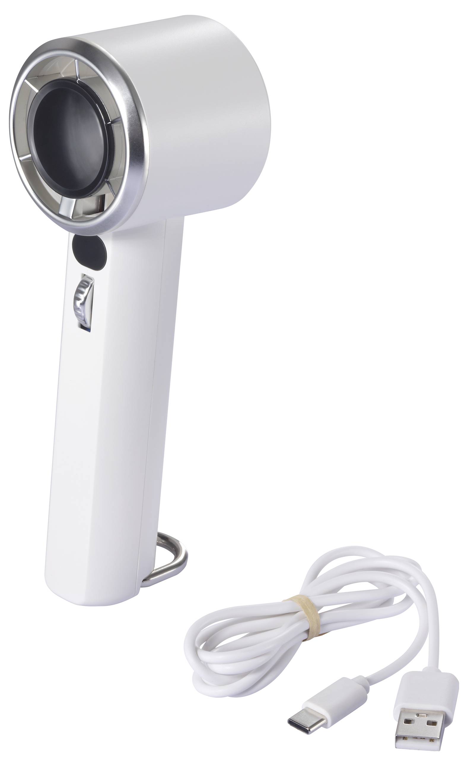 Ein weißer Handventilator mit USB-Ladekabel. Der Ventilator hat einen silbernen Rand und einen schwarzen Knopf an der Seite.