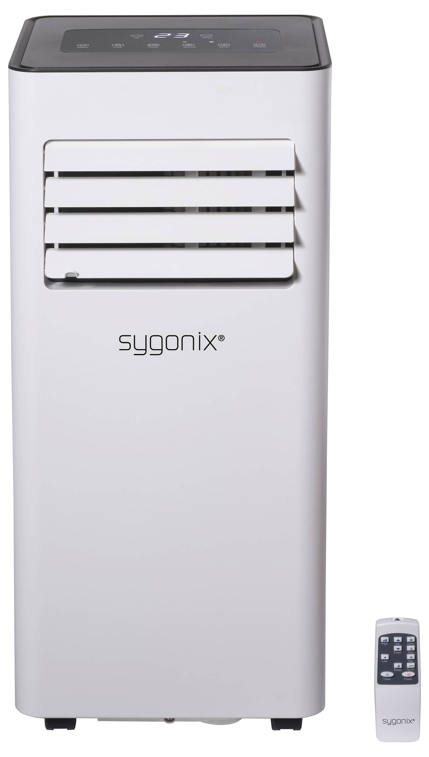 Ein weißer, rechteckiger Luftkühler von 'sygonix' mit Lüftungsschlitzen oben und einer Fernbedienung daneben.