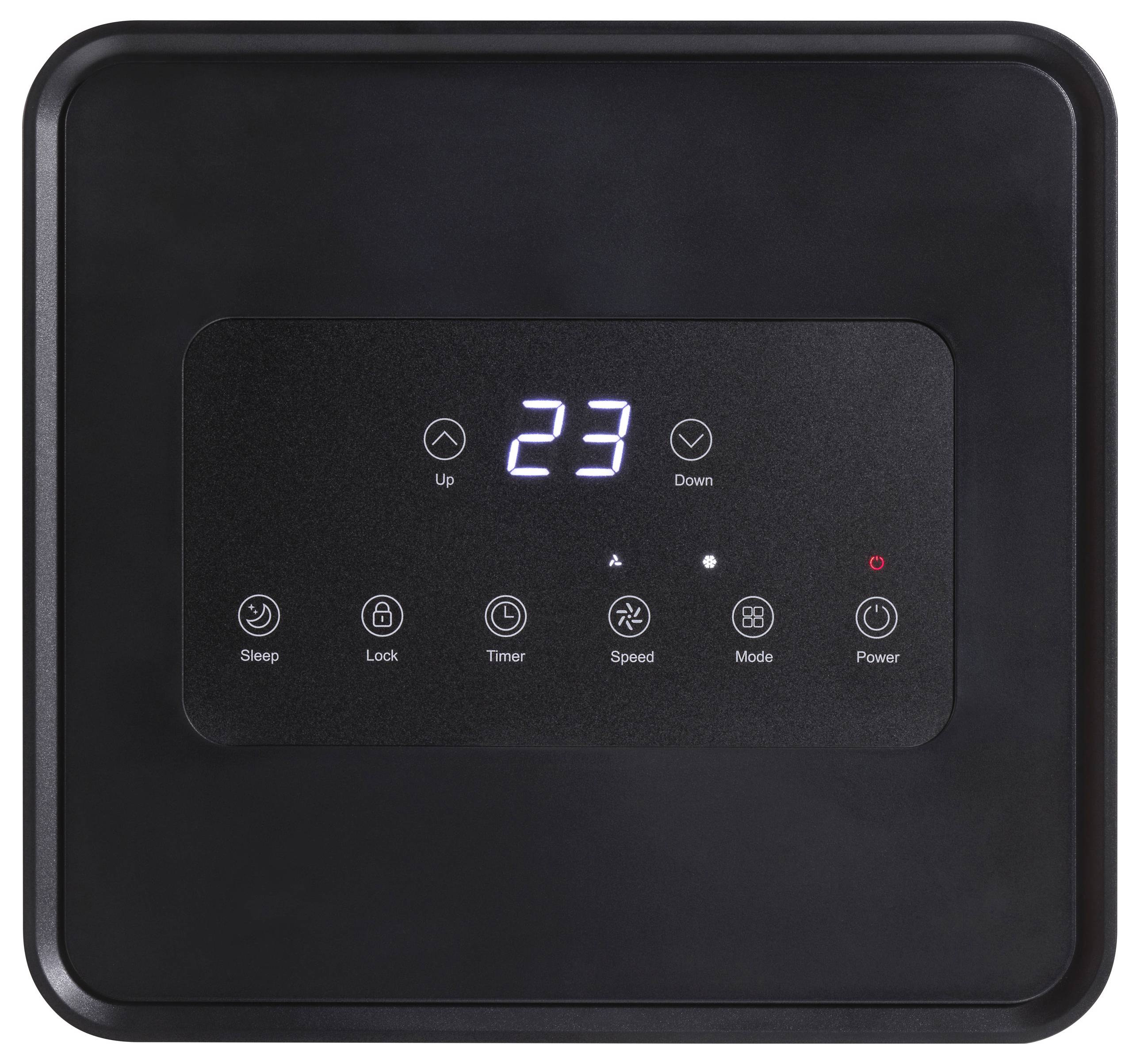 Schwarzes Bedienfeld eines Geräts mit LED-Anzeige '23'. Knöpfe für Sleep, Lock, Timer, Speed, Mode und Power sichtbar.