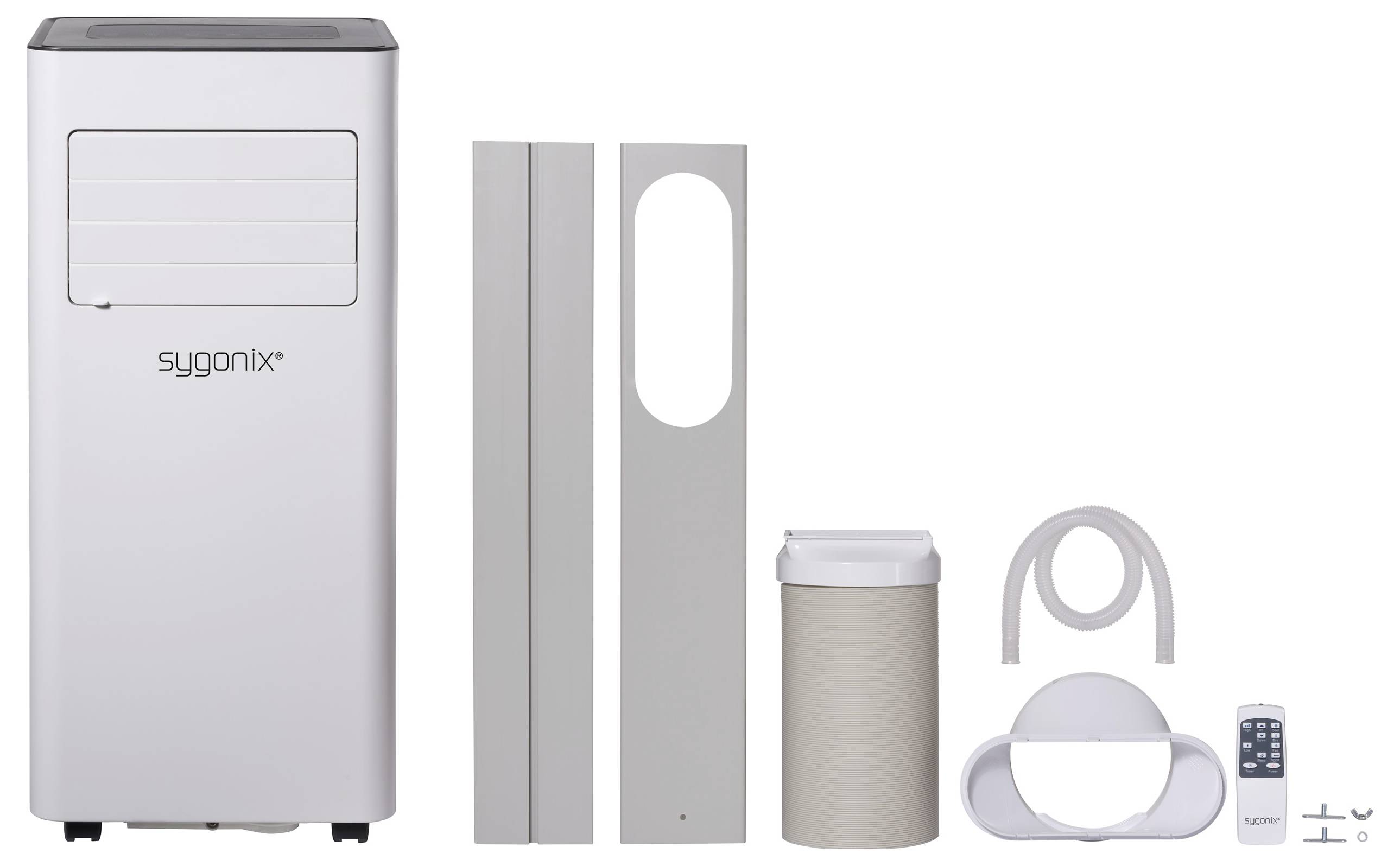 Mobiles Klimagerät mit Zubehör wie Fensterabdichtungsplatten, Abluftschlauch, und Fernbedienung sichtbar.