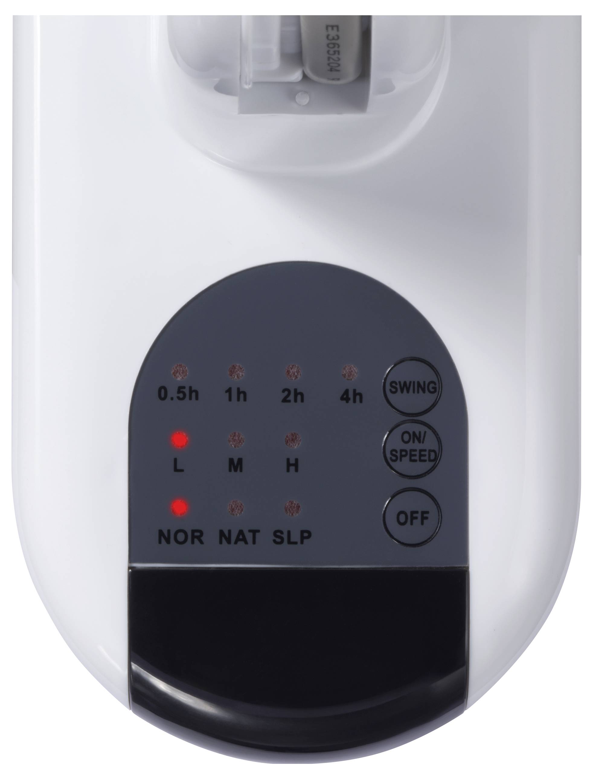 Fernbedienung für Ventilator mit Tasten: 0,5h, 1h, 2h, 4h, Swing, On/Speed, L, M, H, Nor, Nat, SLP, Off.
