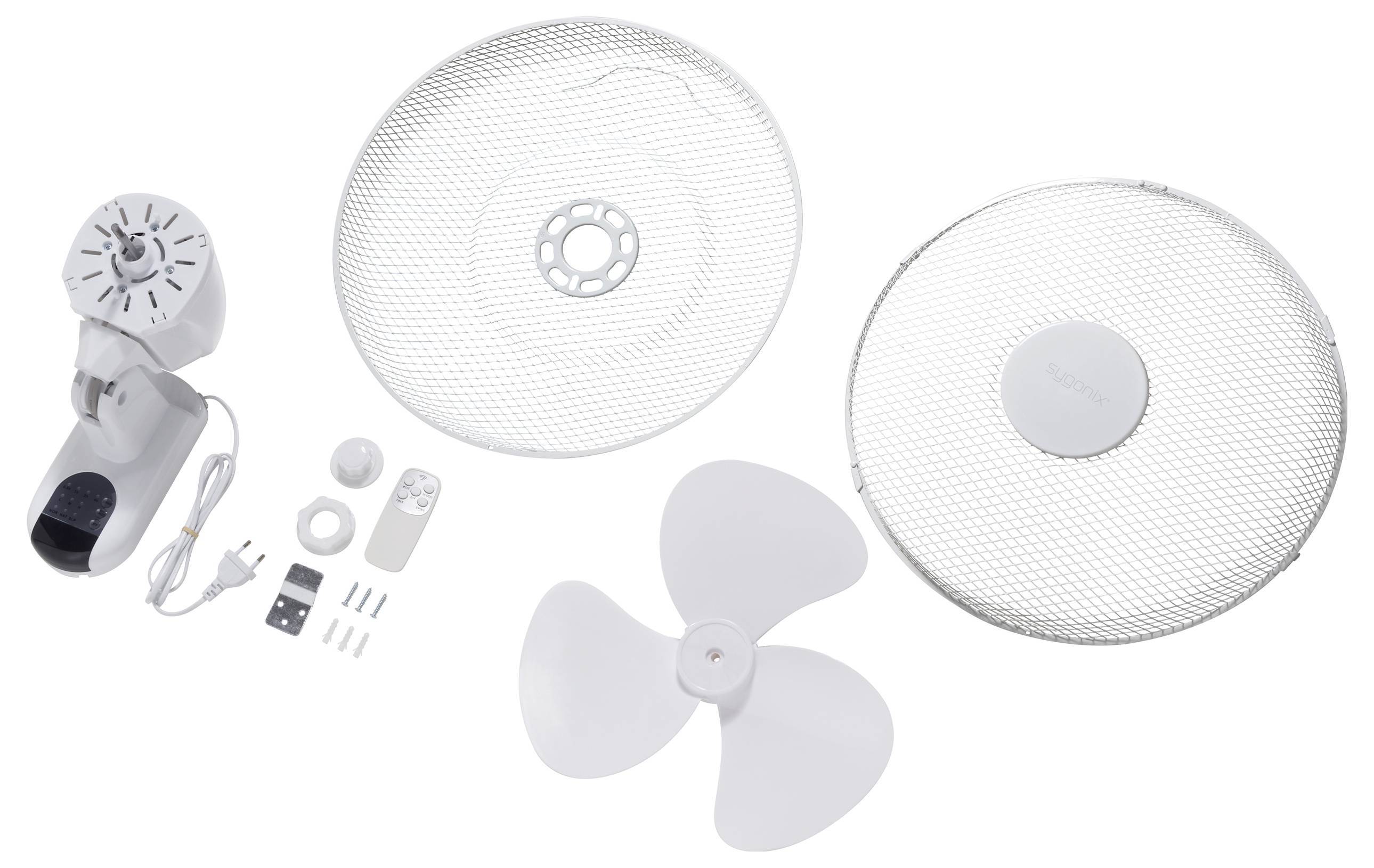 Ventilator in Einzelteilen: Motor, Gitter vorne und hinten, Propeller, Schrauben, Montagezubehör. 준비된 조립된 형태.