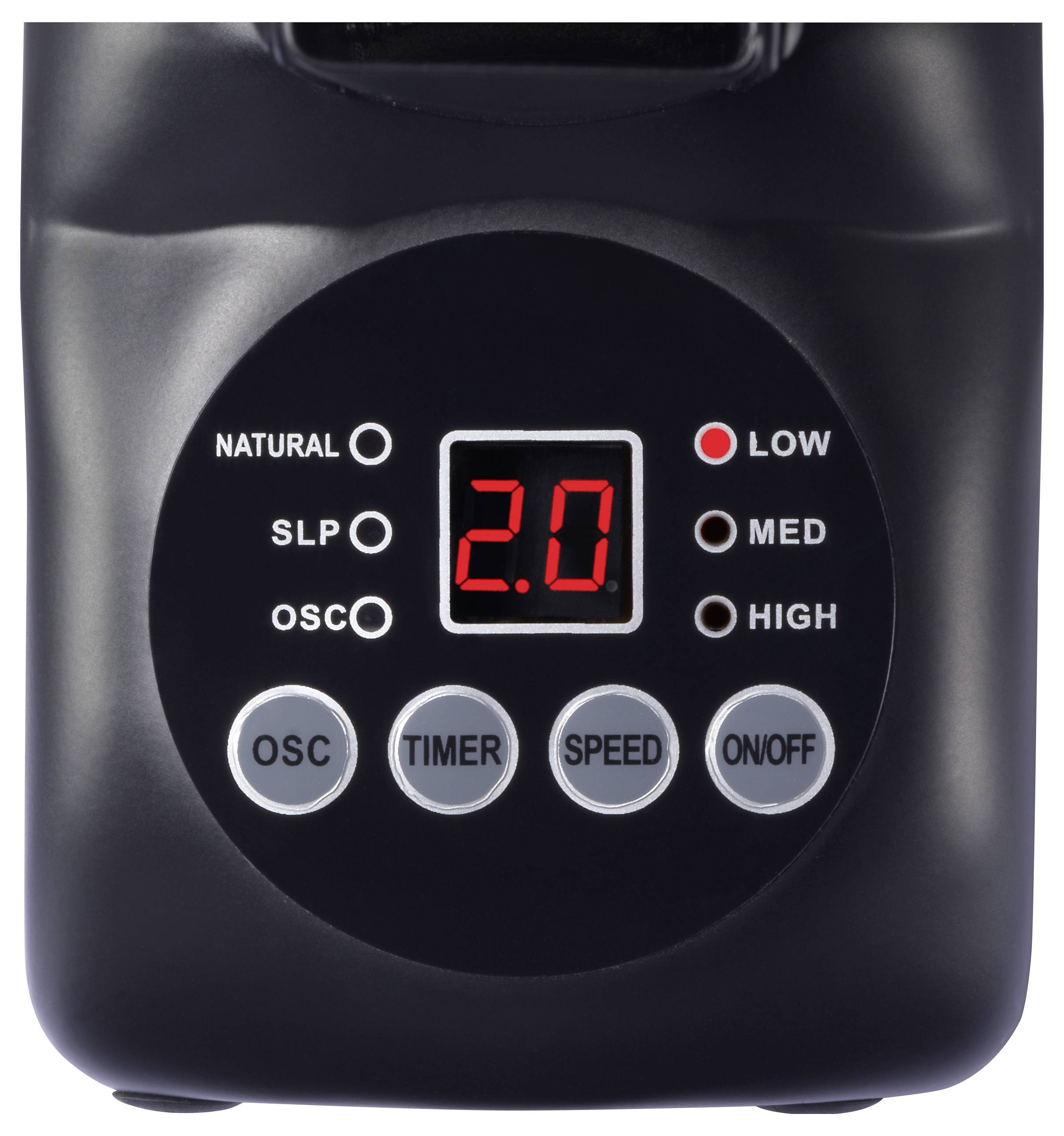 Schwarzes Bedienfeld eines Ventilators mit Digitalanzeige in der Mitte. Knöpfe für 'OSC', 'TIMER', 'SPEED', 'ON/OFF'. Anzeigen für Modi und Geschwindigkeit links und rechts der Anzeige.