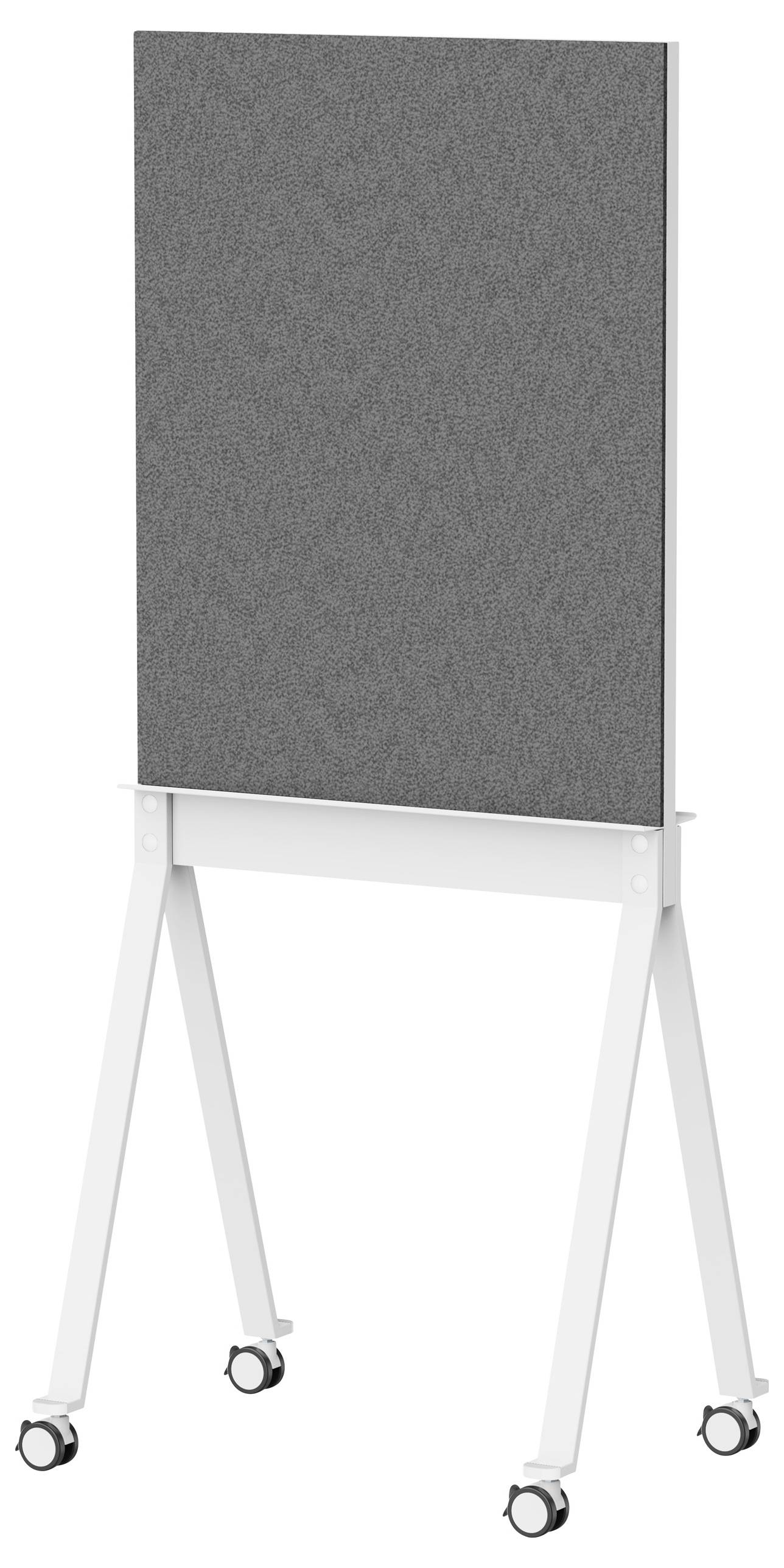 Rollbare graue Pinnwand mit weißem Gestell, stehend auf vier Rädern. Ideal für Präsentationen oder Büros zur flexiblen Nutzung.