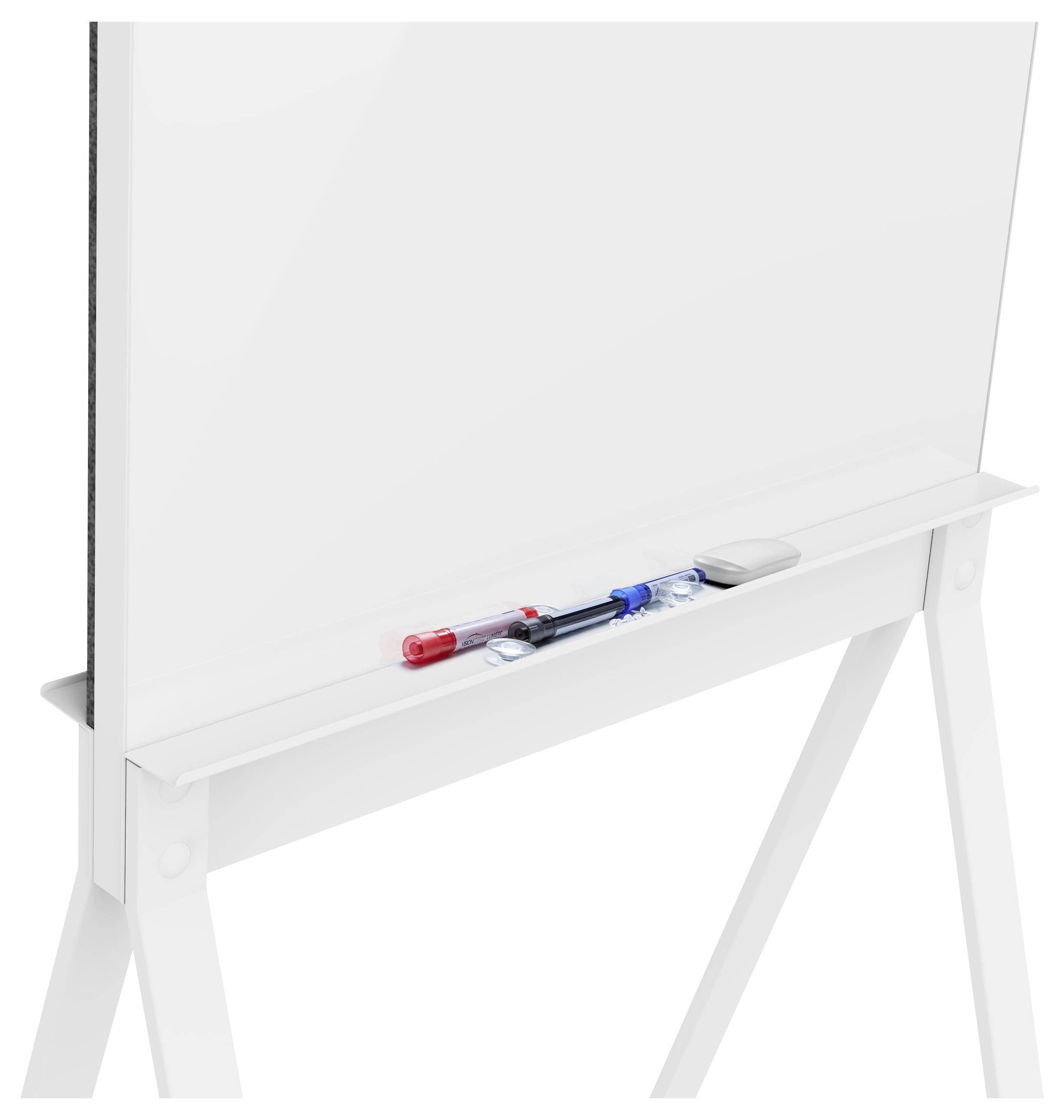 Ein Flipchart mit weißer Schreibfläche, darauf liegen ein roter und ein blauer Marker und ein Schwamm auf der Ablage.