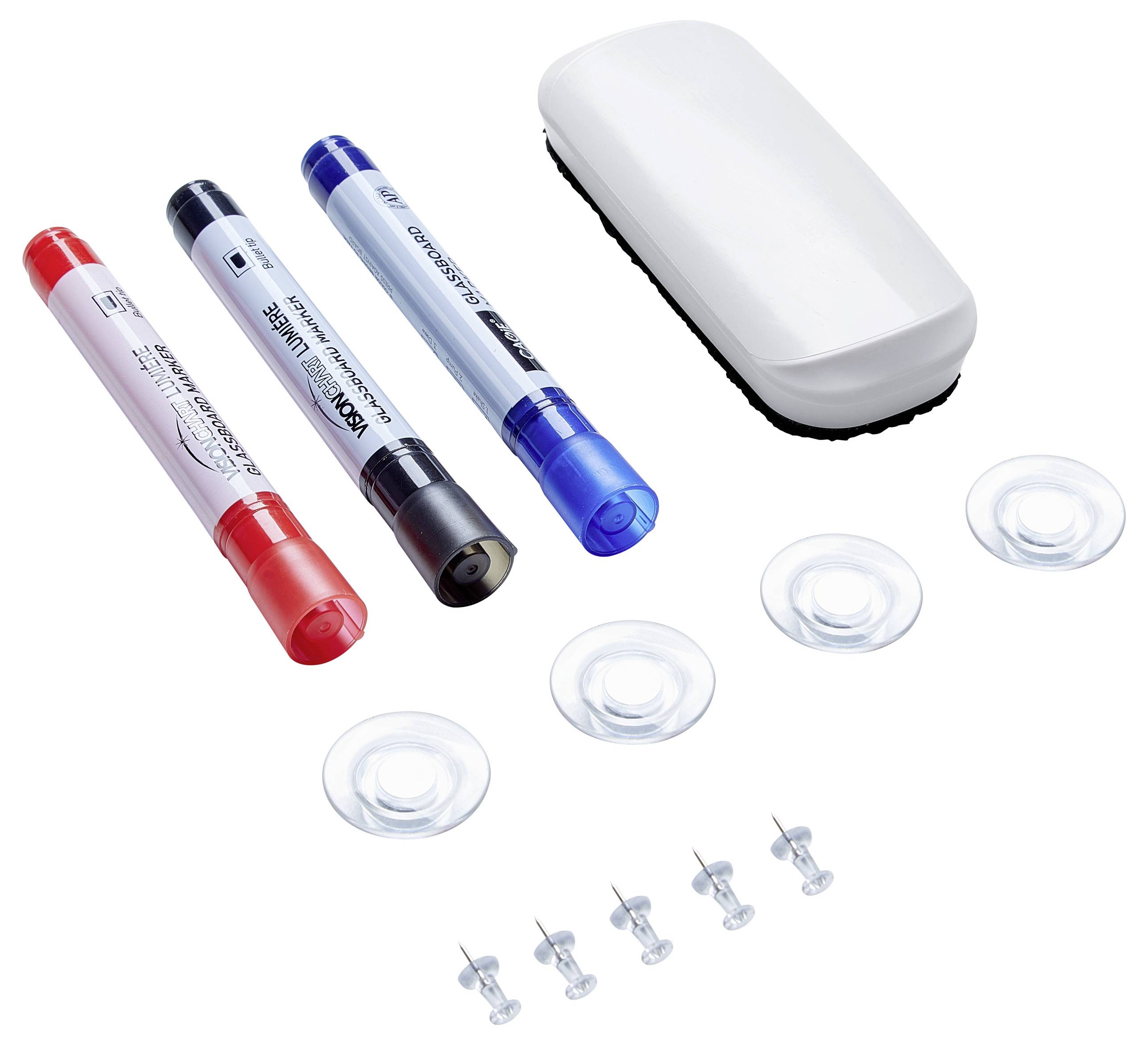 Whiteboard-Zubehör: drei farbige Stifte (rot, schwarz, blau), ein Radiergummi, vier Saugnäpfe, fünf Pinnnadeln.