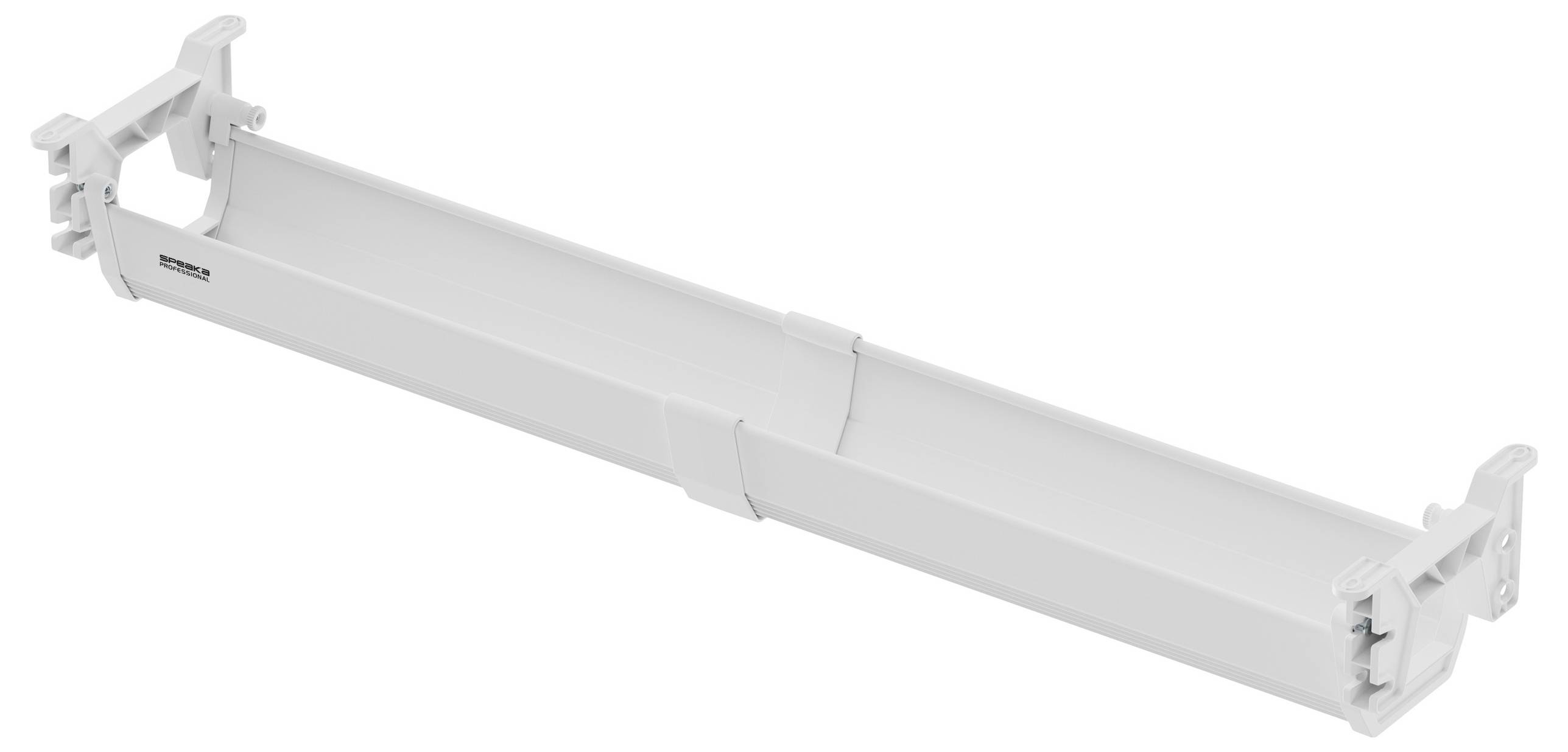 Langes, rechteckiges Kunststoffteil mit offenen Enden und Verbindungselementen an beiden Seiten. Möglicherweise Teil eines Möbelstücks.