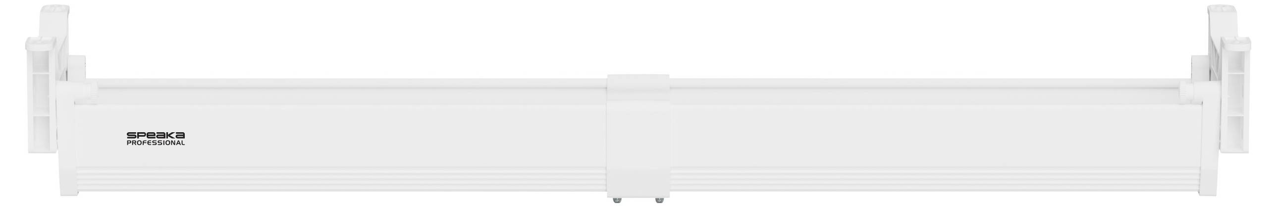 Eine weiße horizontale Deckenleuchte aus Metall mit Halterungen an beiden Enden, geeignet für moderne Innenräume.