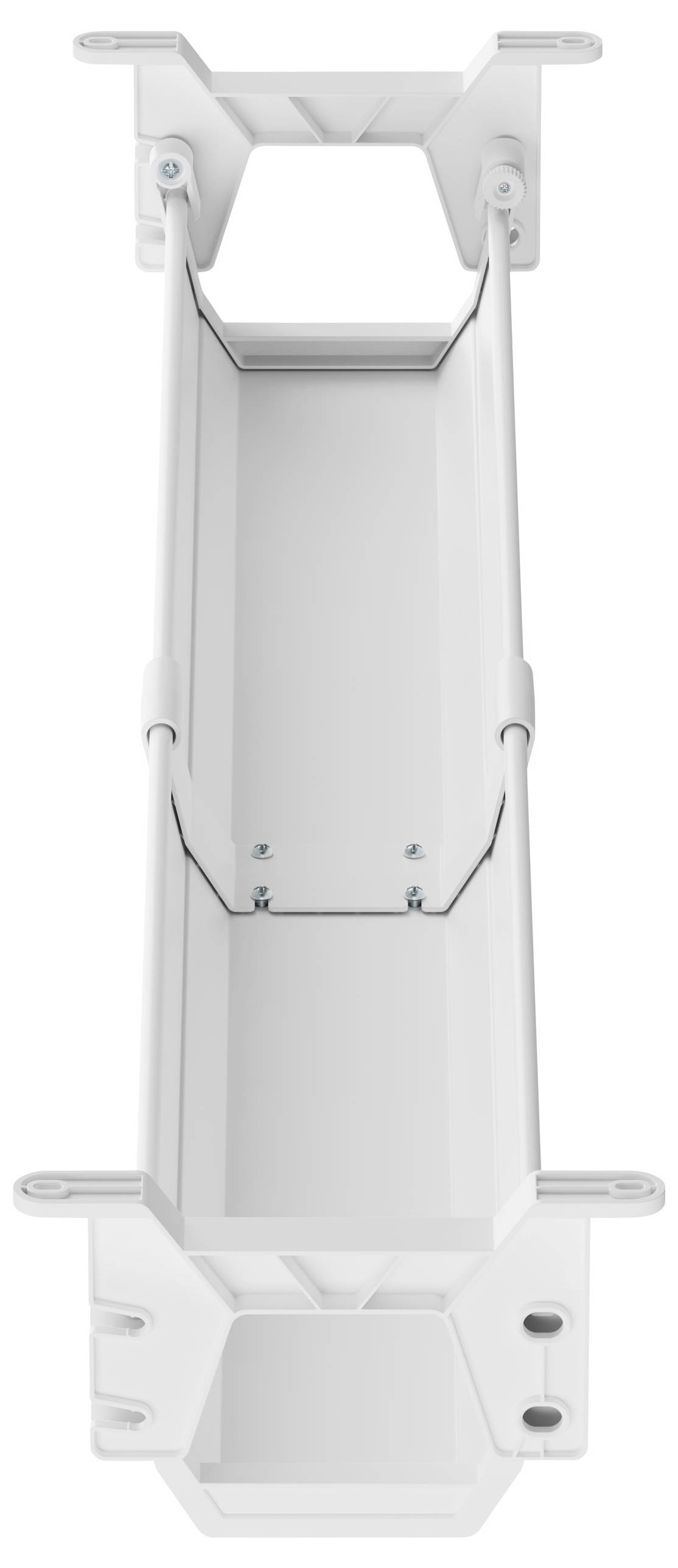 Ein weißer rechteckiger Kunststoffbehälter mit Schrauben an den Enden. Geeignet für die Montage oder Befestigung von Geräten.