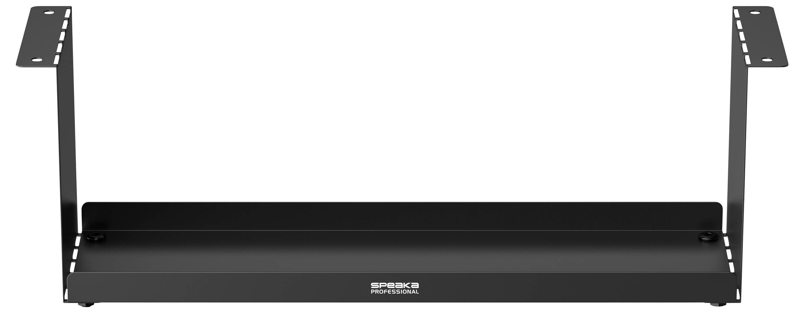 Metallregal, schwarz, zur Wandmontage, rechteckig, mit zwei seitlichen Halterungen und Schraubenlöchern, geeignet für verschiedene Geräte.