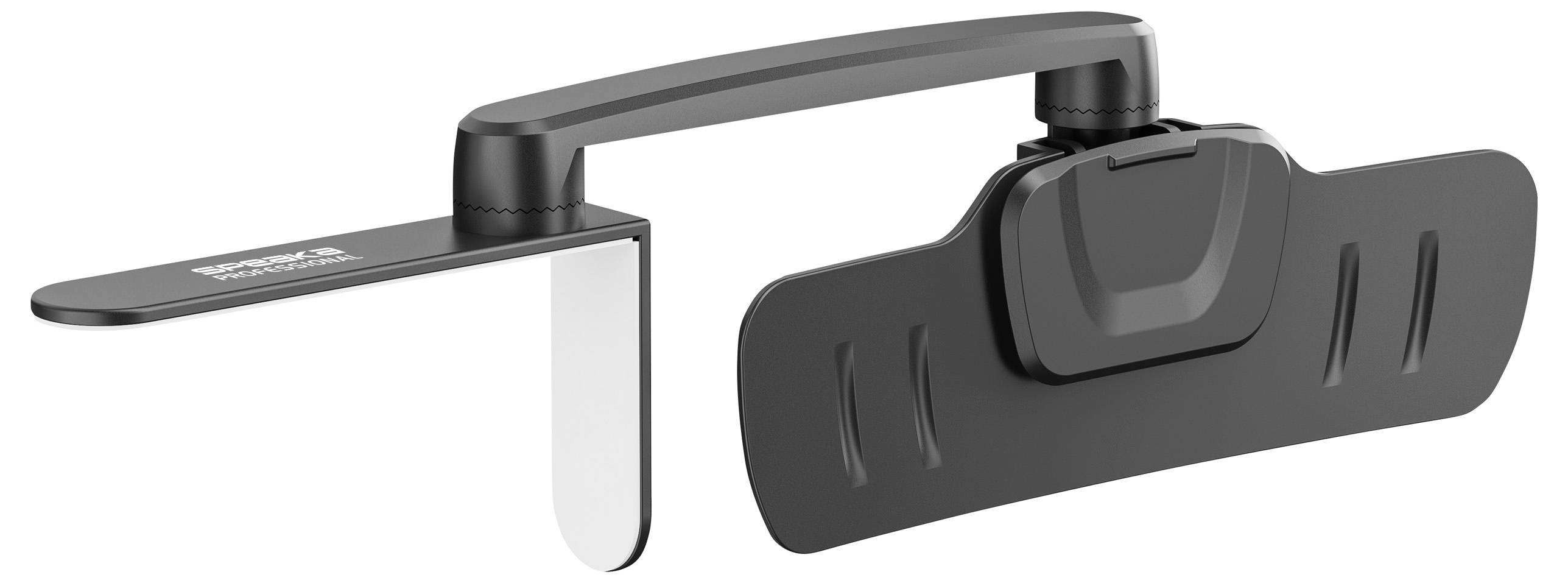 Ein schwarzer Magnethalter, der an der Wand montiert werden kann, mit einem verstellbaren Arm und transparenter Ablage, ohne sichtbare Inhalte.