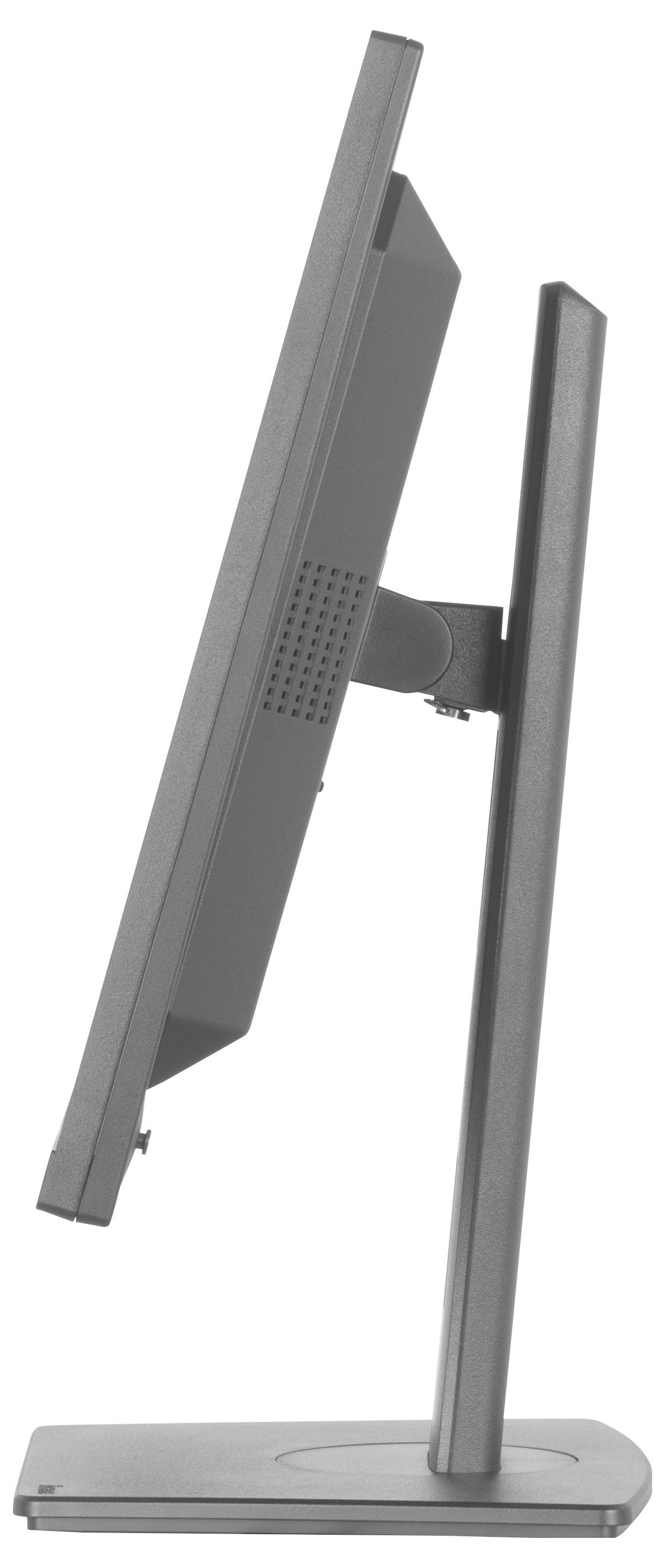 Eine Seitenansicht eines dünnen, modernen Computermonitors auf einem Ständer, der seine schlanke Silhouette und verstellbare Neigungsfunktion präsentiert.