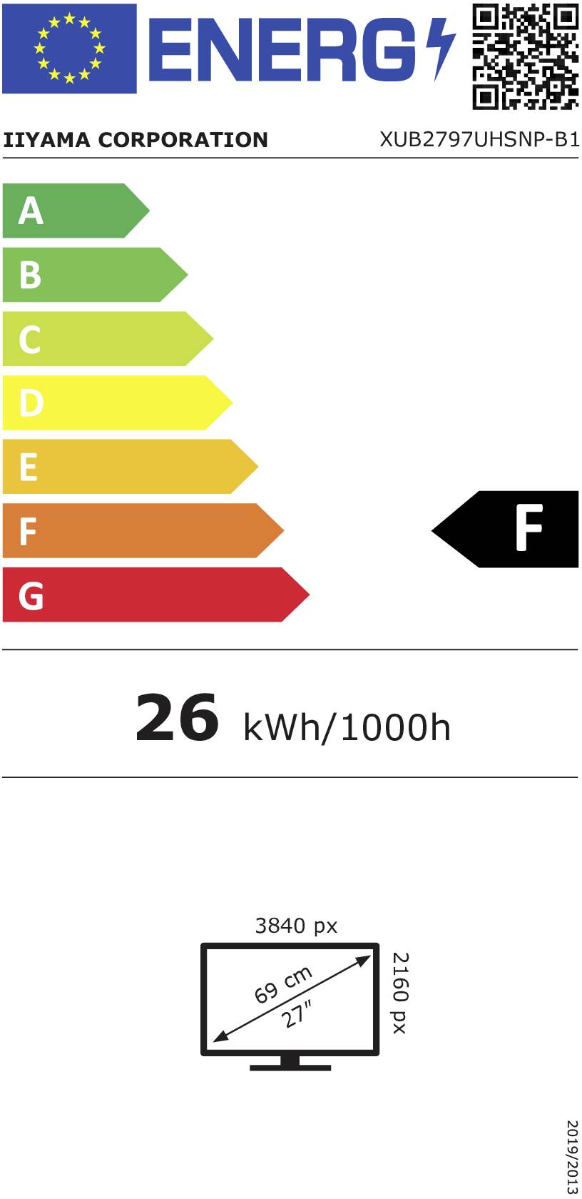 Energieetikett für Monitor XUB2797UHSNP-B1, Effizienzklasse F; Verbrauch 26 kWh/1000h. Bildschirmgröße 27 Zoll, Auflösung 3840x2160 Pixel.
