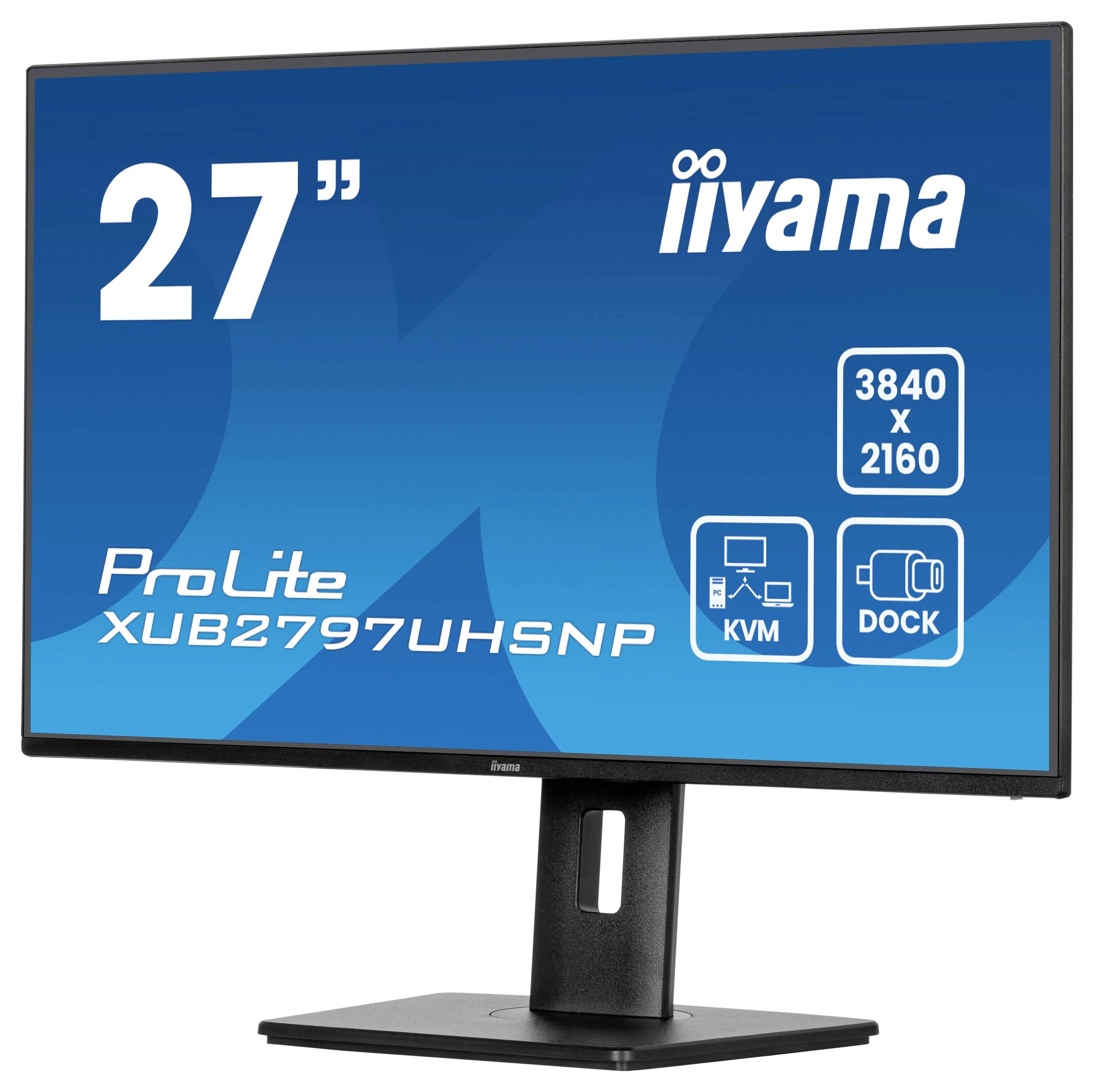 Ein 27-Zoll iiyama ProLite Monitor mit 3840 x 2160 Auflösung, ausgestattet mit KVM- und Docking-Funktionen.