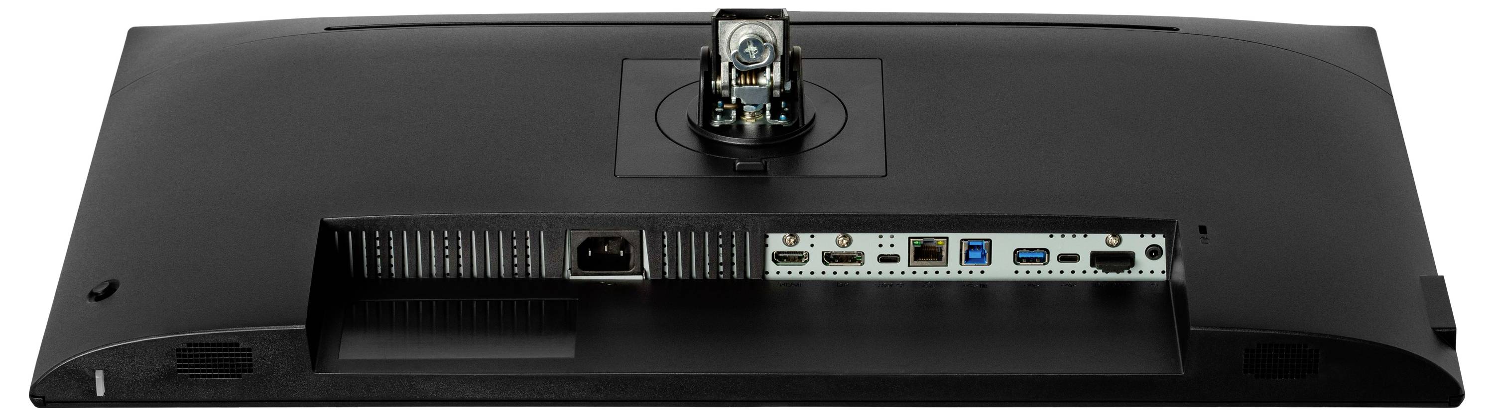 Das Bild zeigt die Rückseite eines Monitors mit verschiedenen Anschlüssen, einschließlich HDMI, DisplayPort, USB und Stromanschluss.