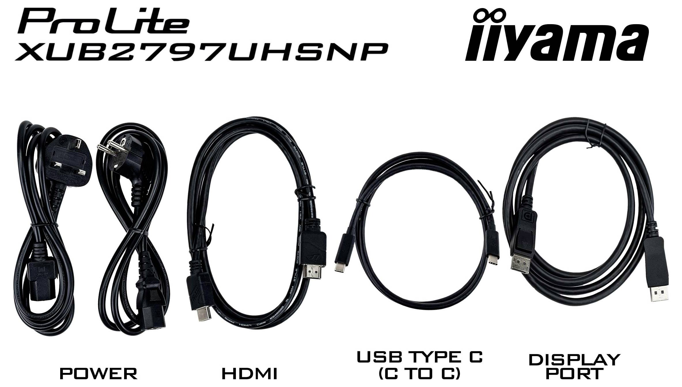 Das Bild zeigt vier Kabeltypen mit Beschriftungen: Stromkabel, HDMI, USB Typ C (C zu C) und Display Port, vor einem weißen Hintergrund.