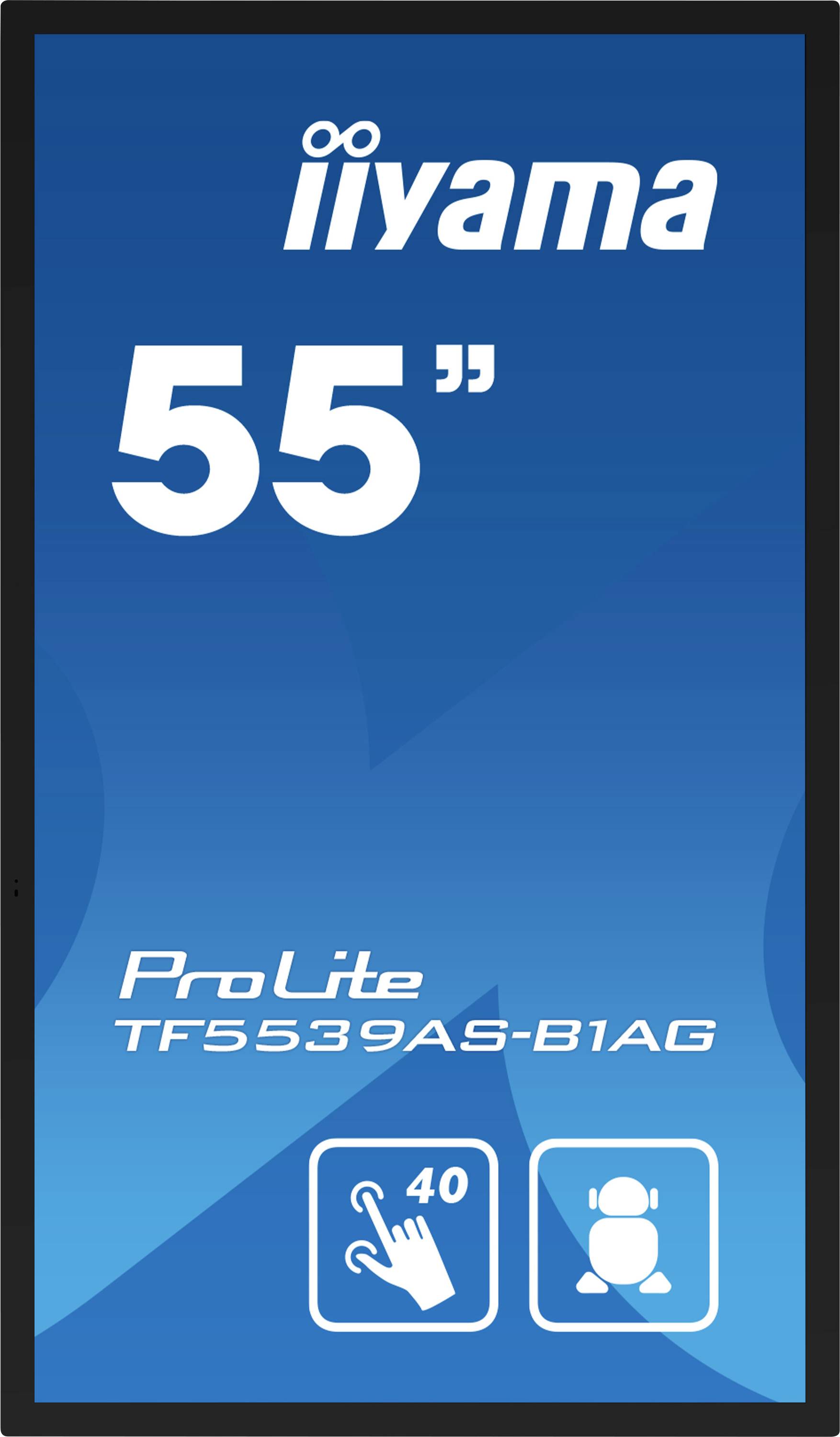 'Iiyama ProLite TF5539AS-B1AG' Bildschirm, 55-Zoll-Display mit 40 Touchpunkten, dargestellt durch Touchpad und Benutzer-Icons.