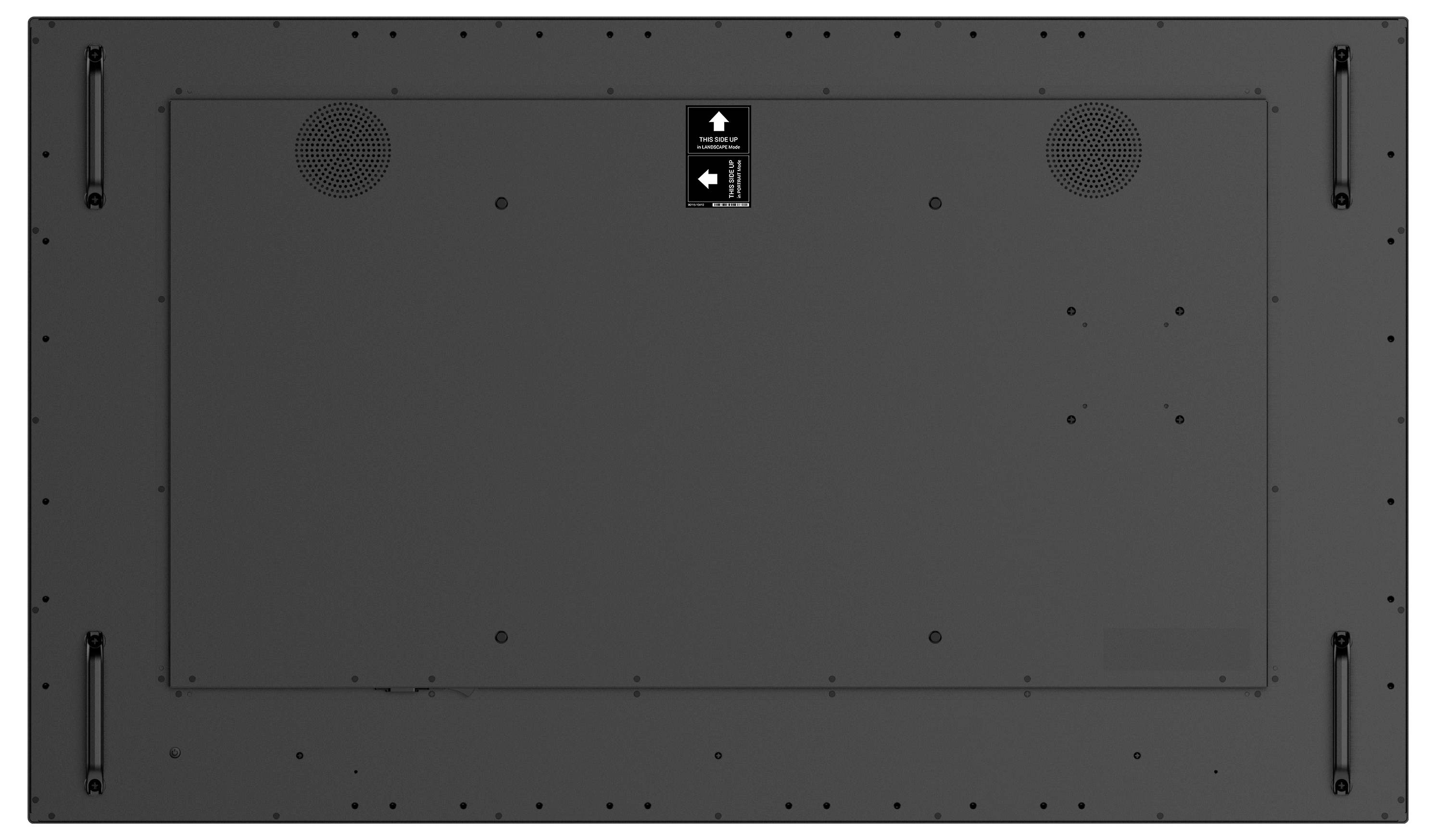 Rückansicht eines großen schwarzen Displaypanels mit Befestigungshalterungen und Lüftungsschlitzen, mit der Beschriftung „Diese Seite oben