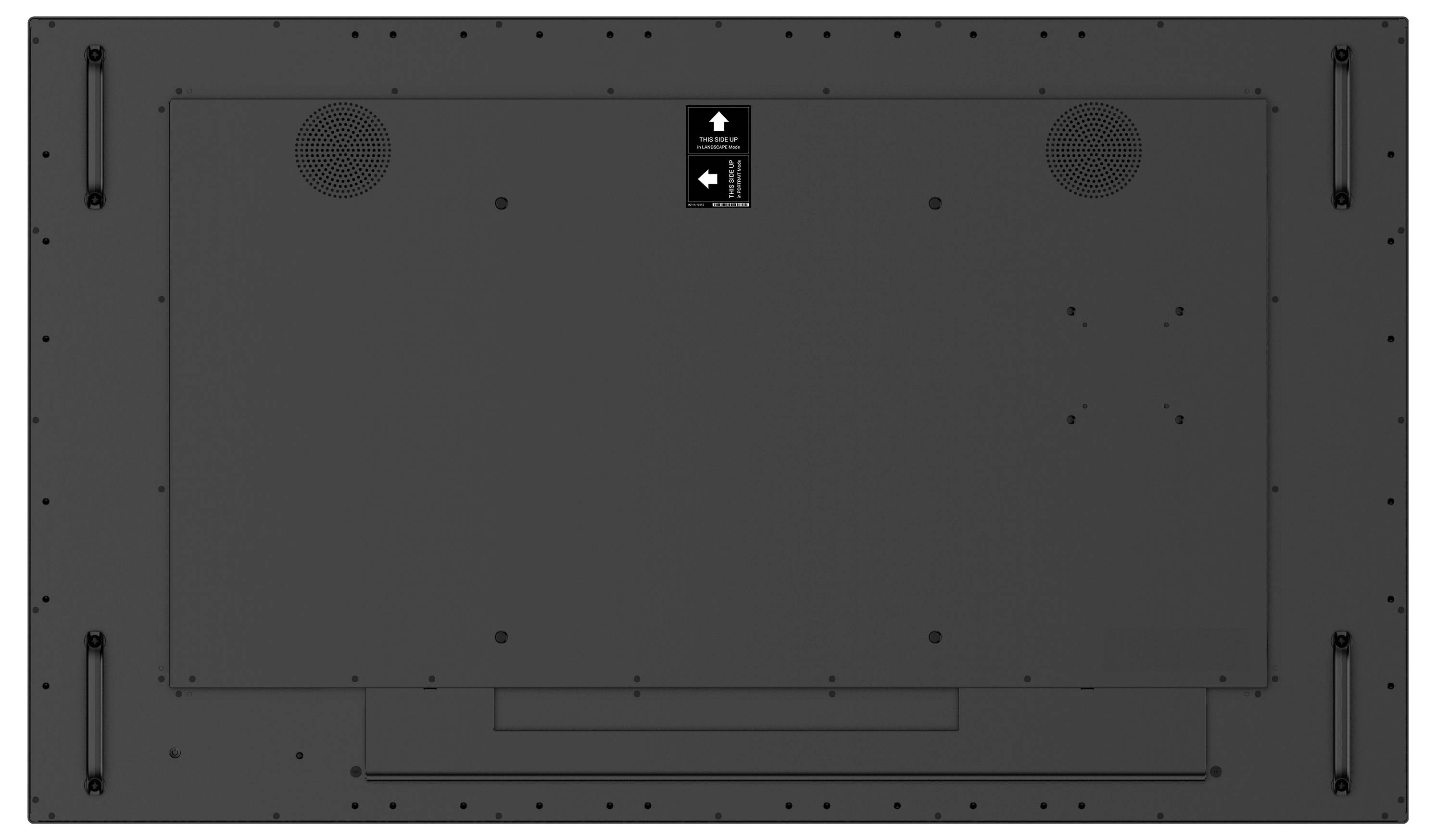 Das Bild zeigt die Rückseite eines großen, dunkel gefärbten elektronischen Geräts, möglicherweise eines Displays, mit zwei Belüftungsbereichen und einem zentralen Etikett.