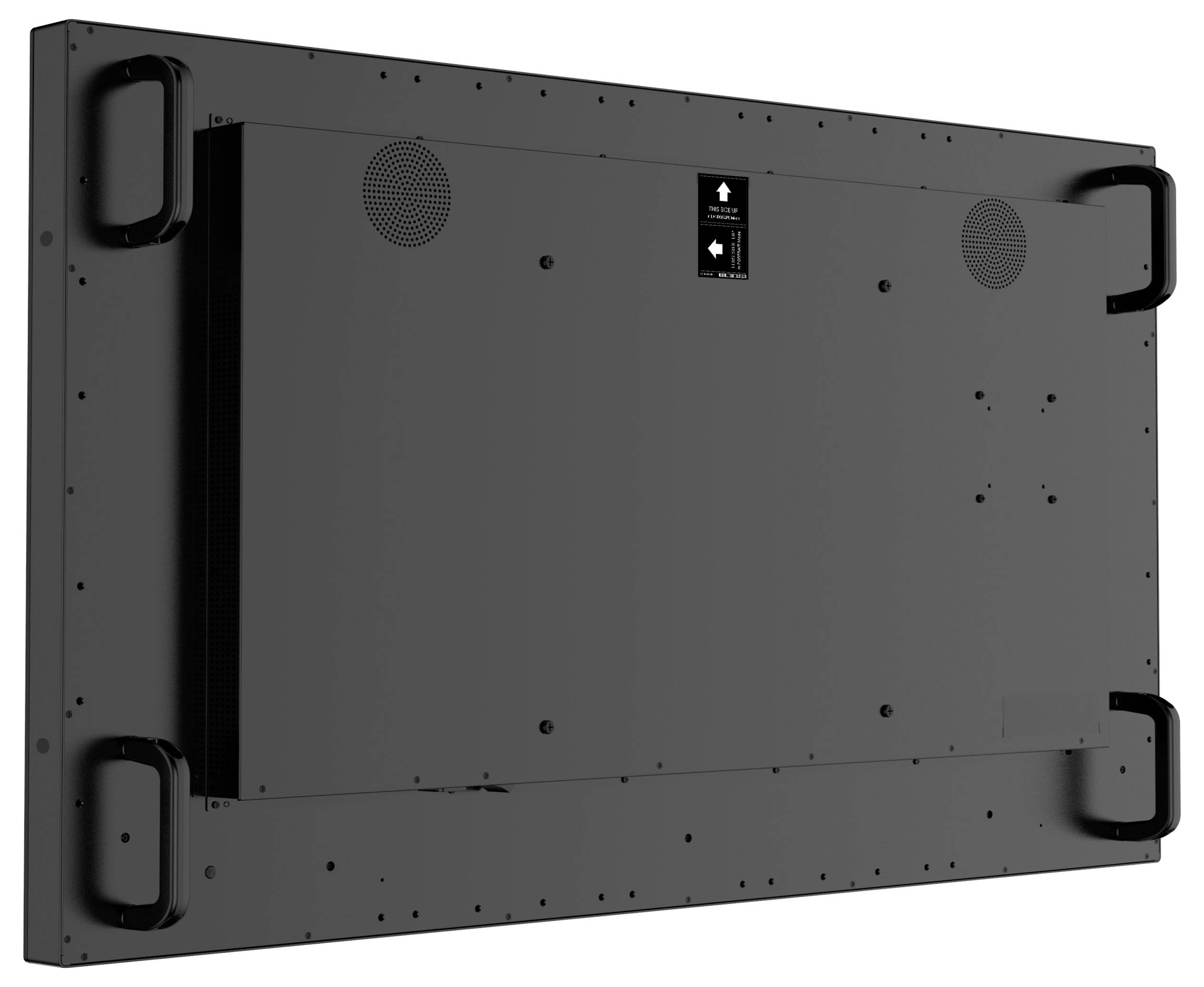 Großer schwarzer Monitor, Rückansicht, zeigt Befestigungshalterungen und Lüftungsöffnungen; kein sichtbarer Bildschirminhalt.
