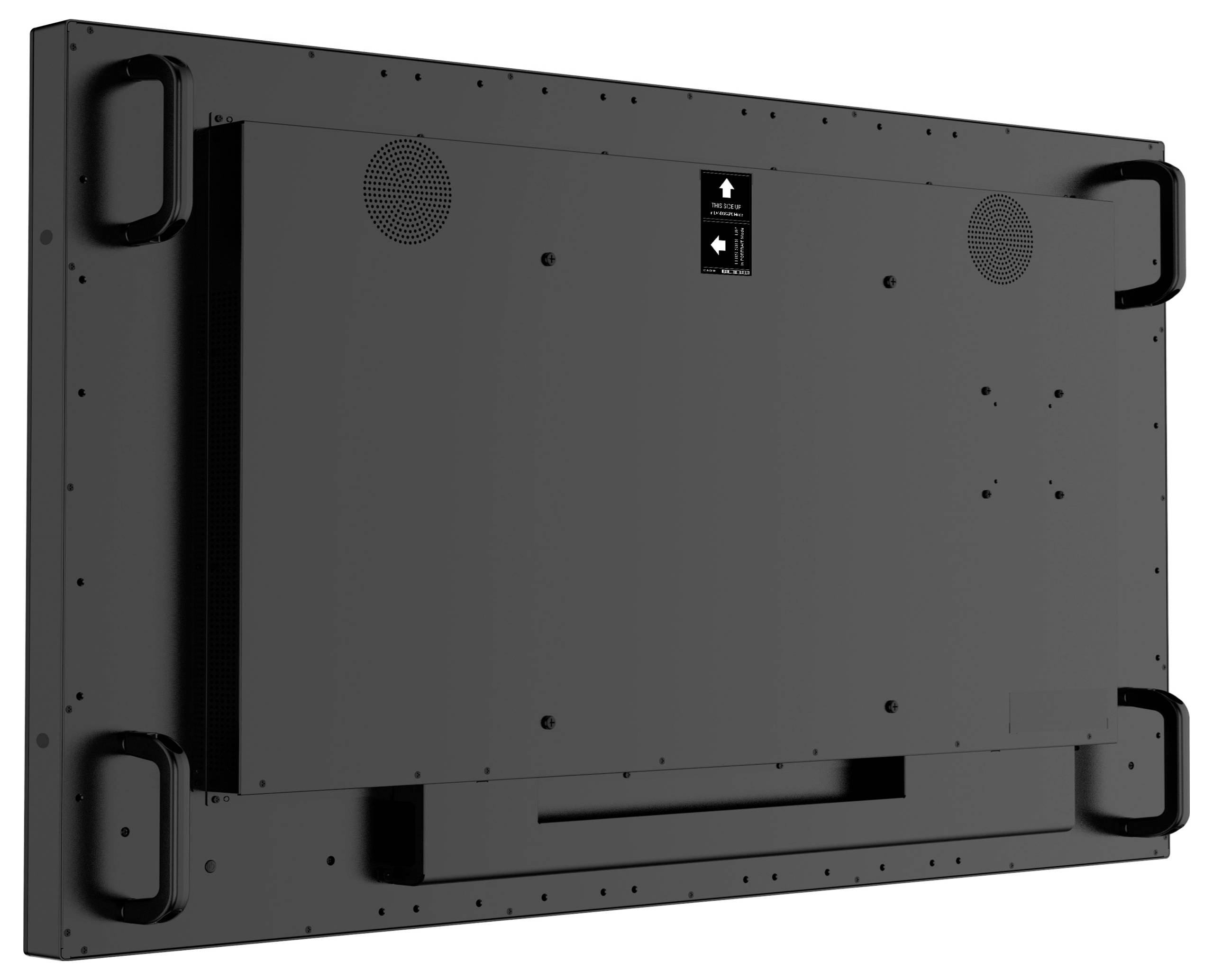 Rückansicht eines großen Flachbildfernsehers mit Halterungen und sichtbaren Belüftungsschlitzen.