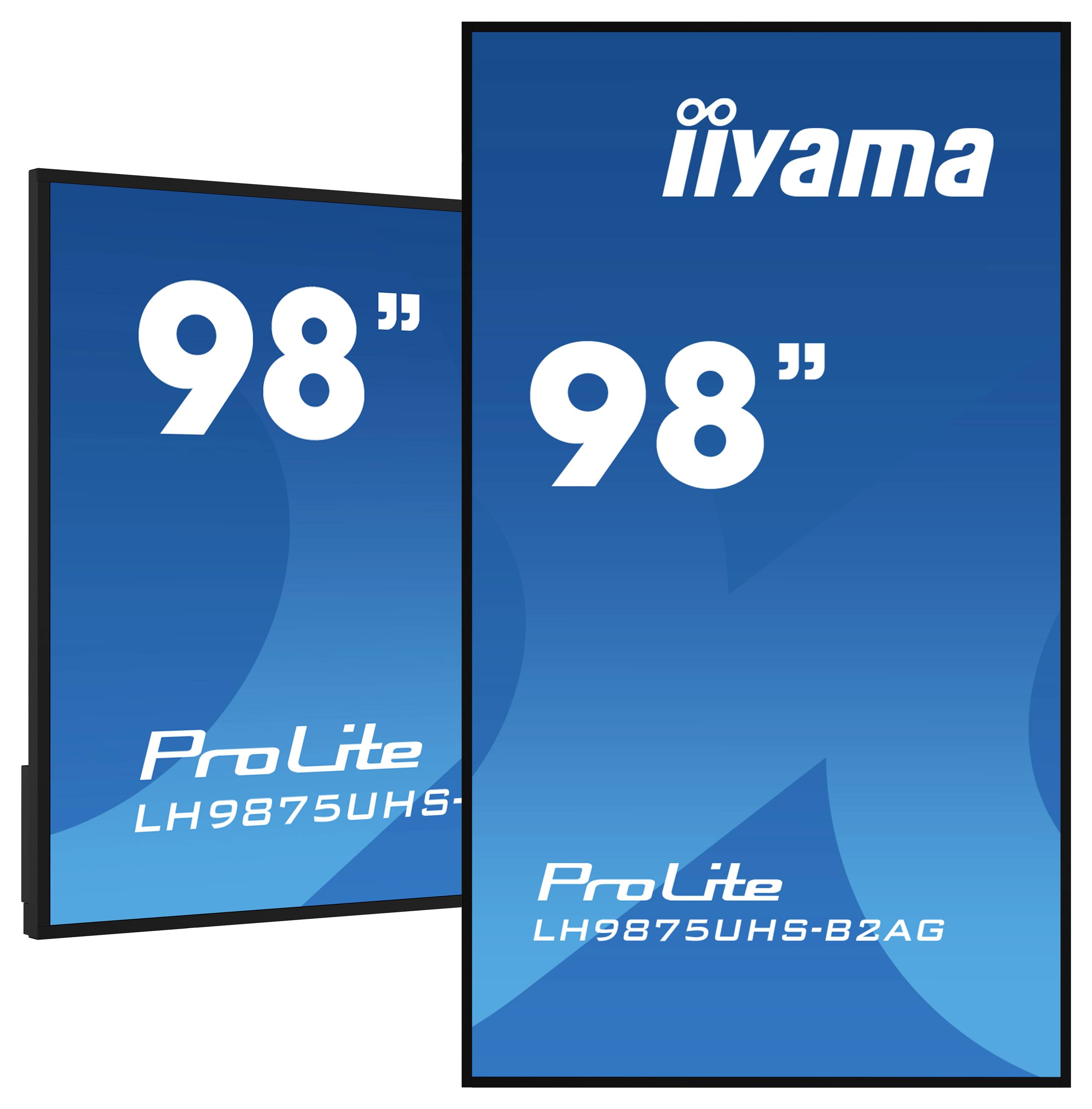 Zwei große Iiyama ProLite-Bildschirme werden präsentiert, jeweils 98 Zoll groß, Modell LH9875UHS-B2AG. Sie sind im Hochformat ausgerichtet.