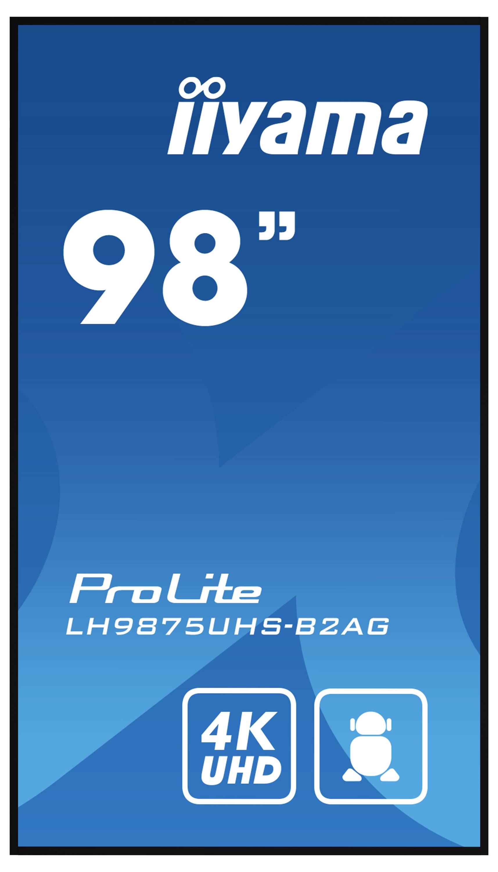 'iiyama 98" ProLite LH9875UHS-B2AG 4K UHD' Display-Branding auf blauem Hintergrund.