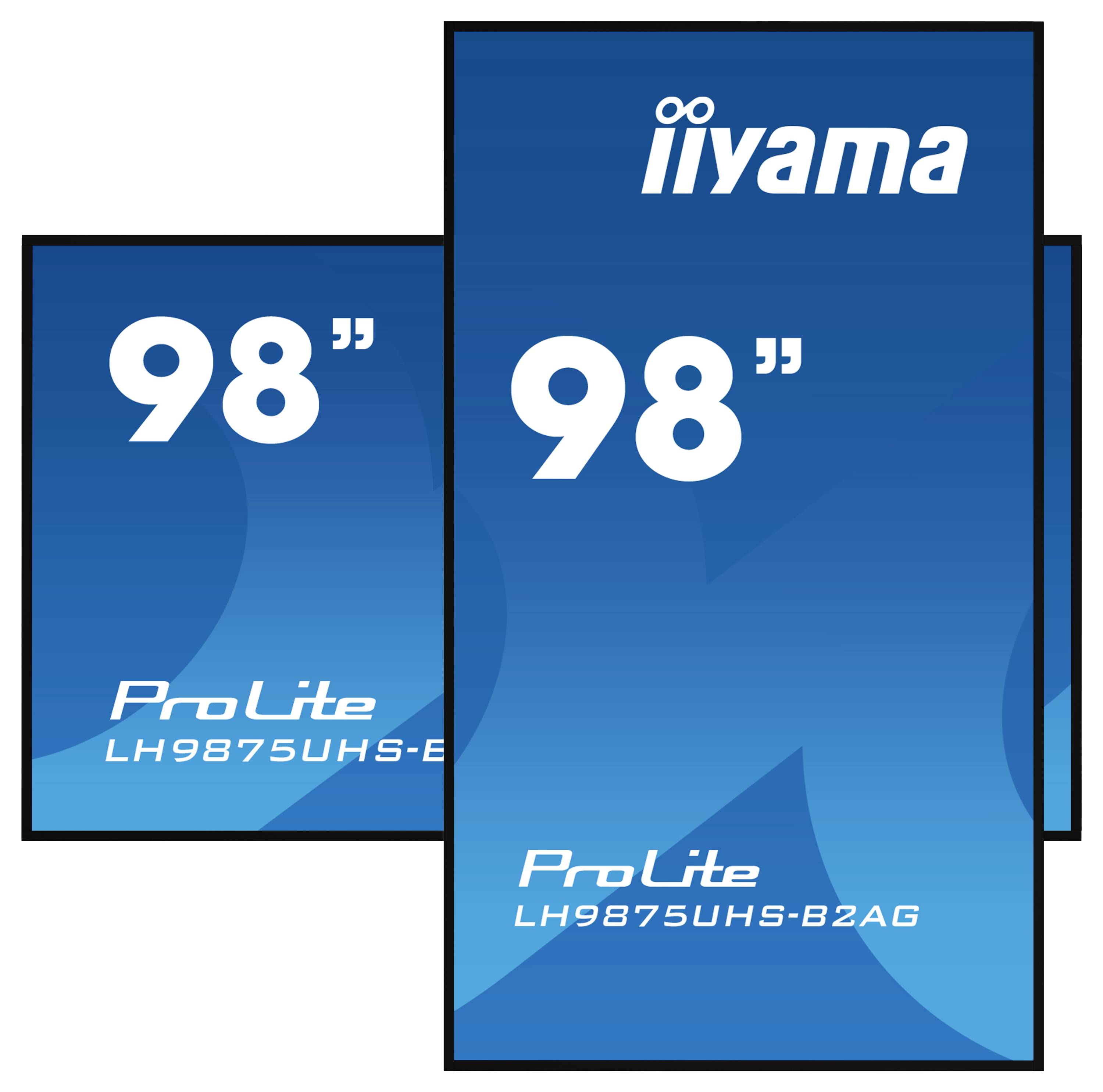 Zwei überlappende blaue rechteckige Panels zeigen '98"' in großen weißen Buchstaben, daneben den Markennamen 'iiyama' und die Modellnummern 'ProLite LH9875UHS-B2AG' und 'ProLite LH9875UHS-B1AG'.