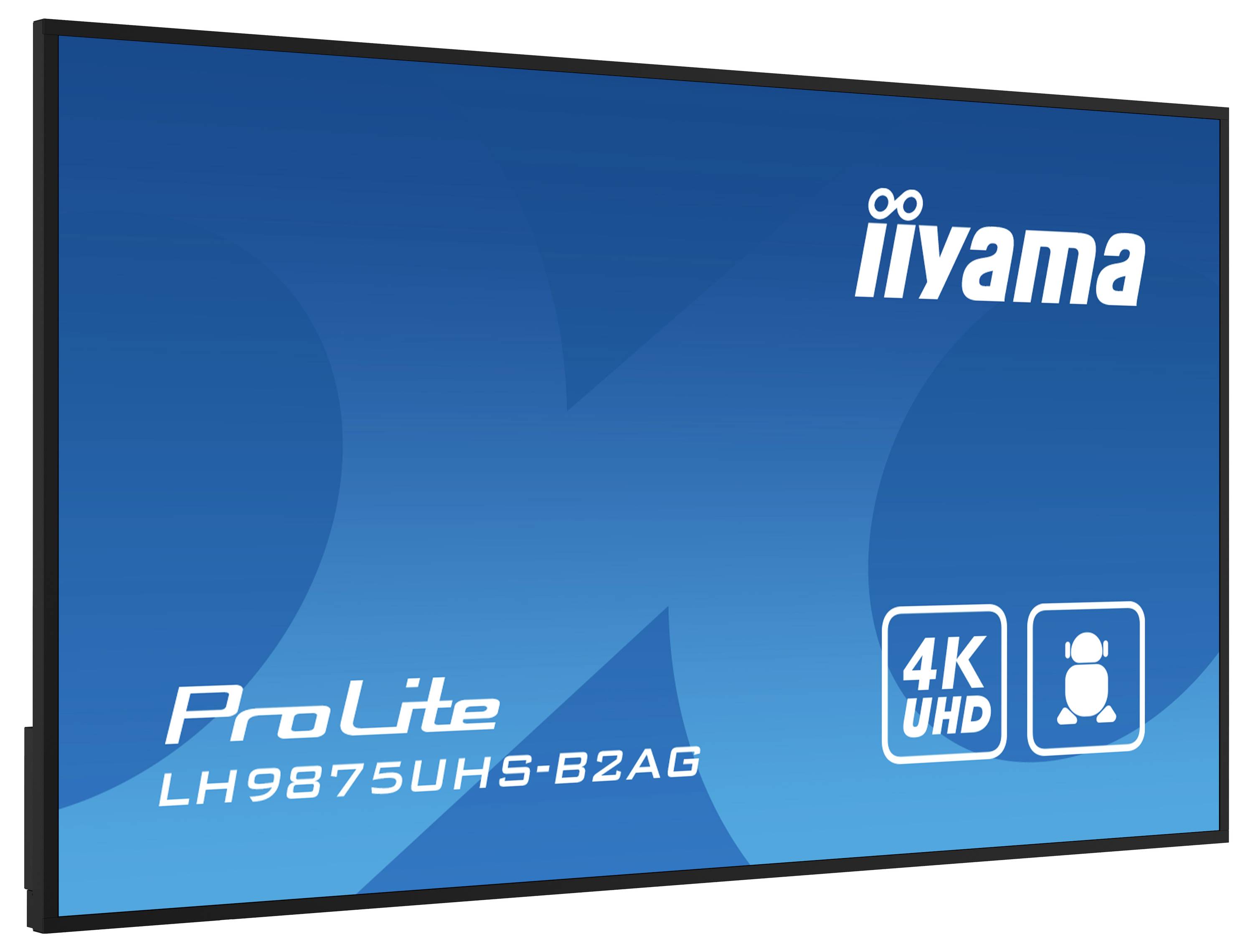 Ein blauer Bildschirm mit dem iiyama-Logo, dem Modellnamen 'ProLite LH9875UHS-B2AG' und '4K UHD' mit einem Icon, der seine Spezifikationen hervorhebt.
