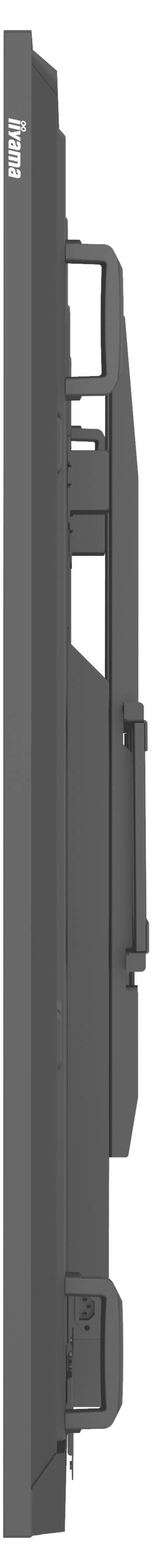 Seitenansicht eines dünnen, rechteckigen elektronischen Geräts mit Ständer.