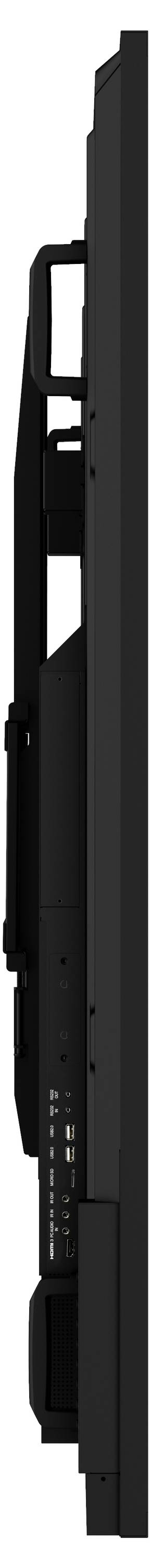 Seitenansicht eines schlanken, schwarzen elektronischen Displays, das an einer Wandhalterung montiert ist und Anschlüsse sowie ein minimalistisches, modernes Design zeigt.