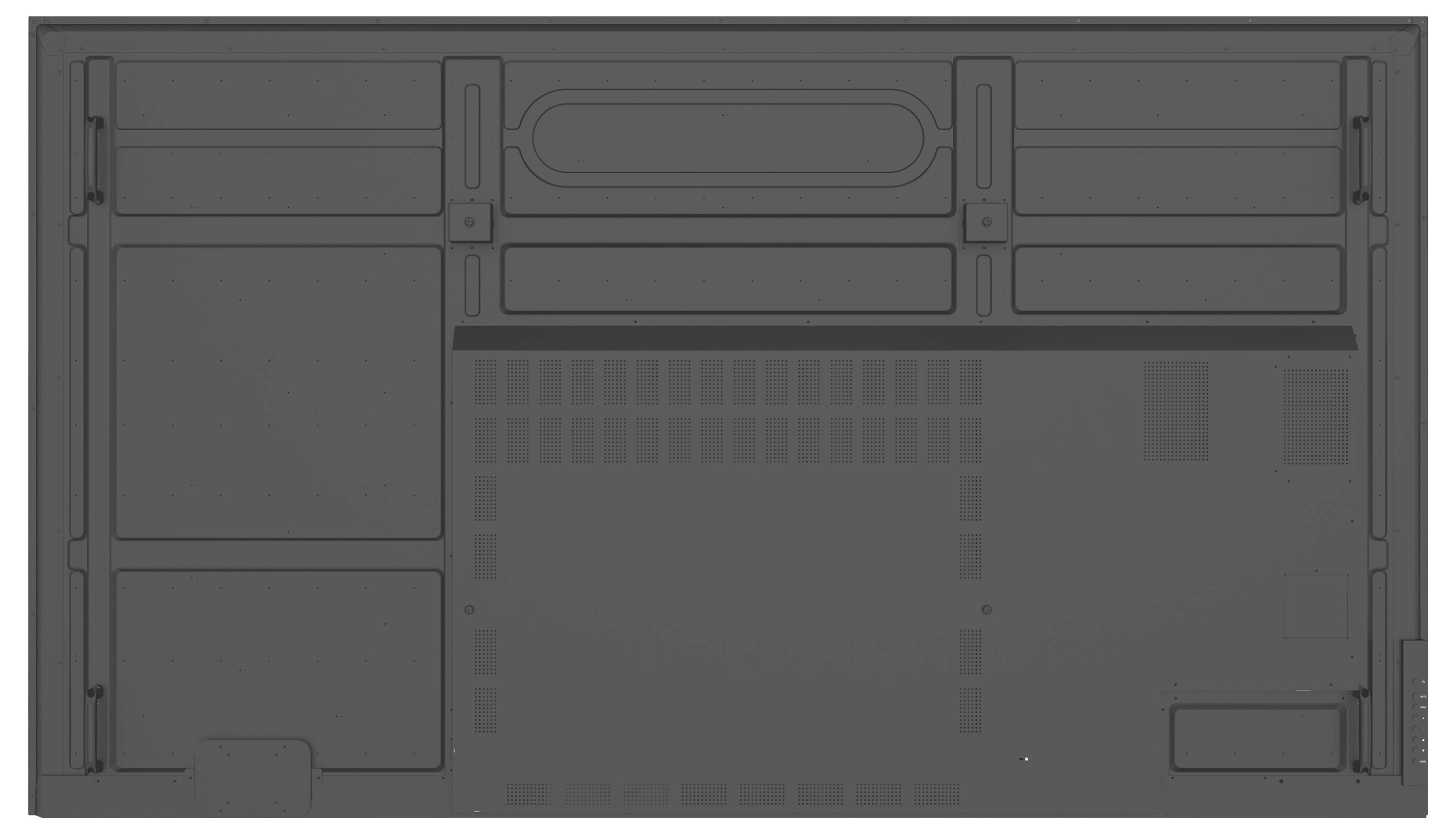 Rückansicht eines Flachbildfernsehers mit sichtbaren Befestigungsbereichen und Anschlussöffnungen.