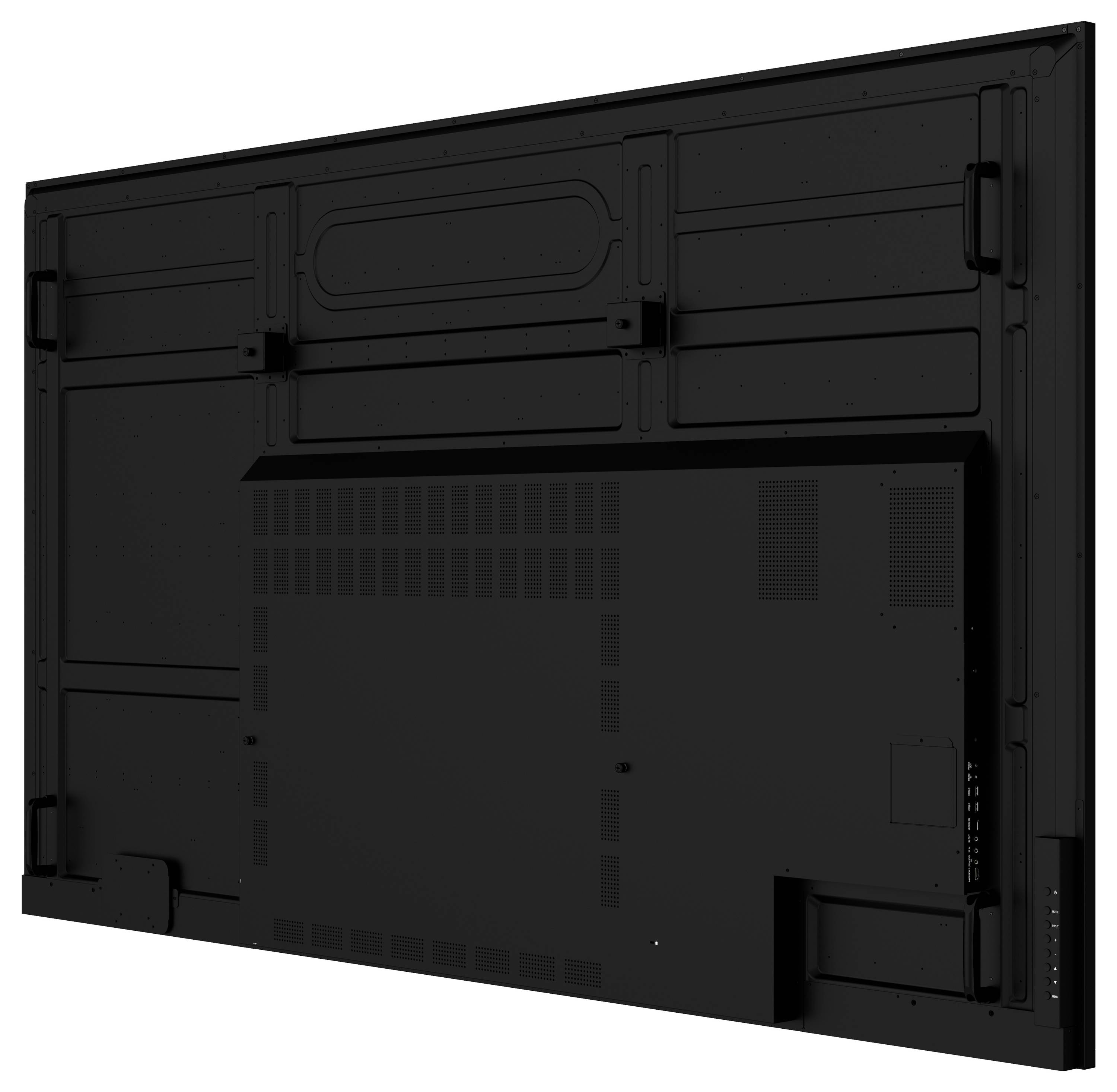 Rückansicht eines großen Flat-Screen-TV-Monitors mit Lüftungsschlitzen und Halterungen.