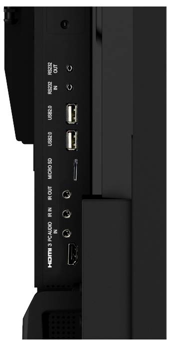 Seitenansicht eines Monitors mit Anschlüssen: zwei HDMI-Ports, zwei USB-Anschlüsse, eine Kopfhörerbuchse und einen SD-Kartenslot, die die Konnektivitätsoptionen hervorheben.