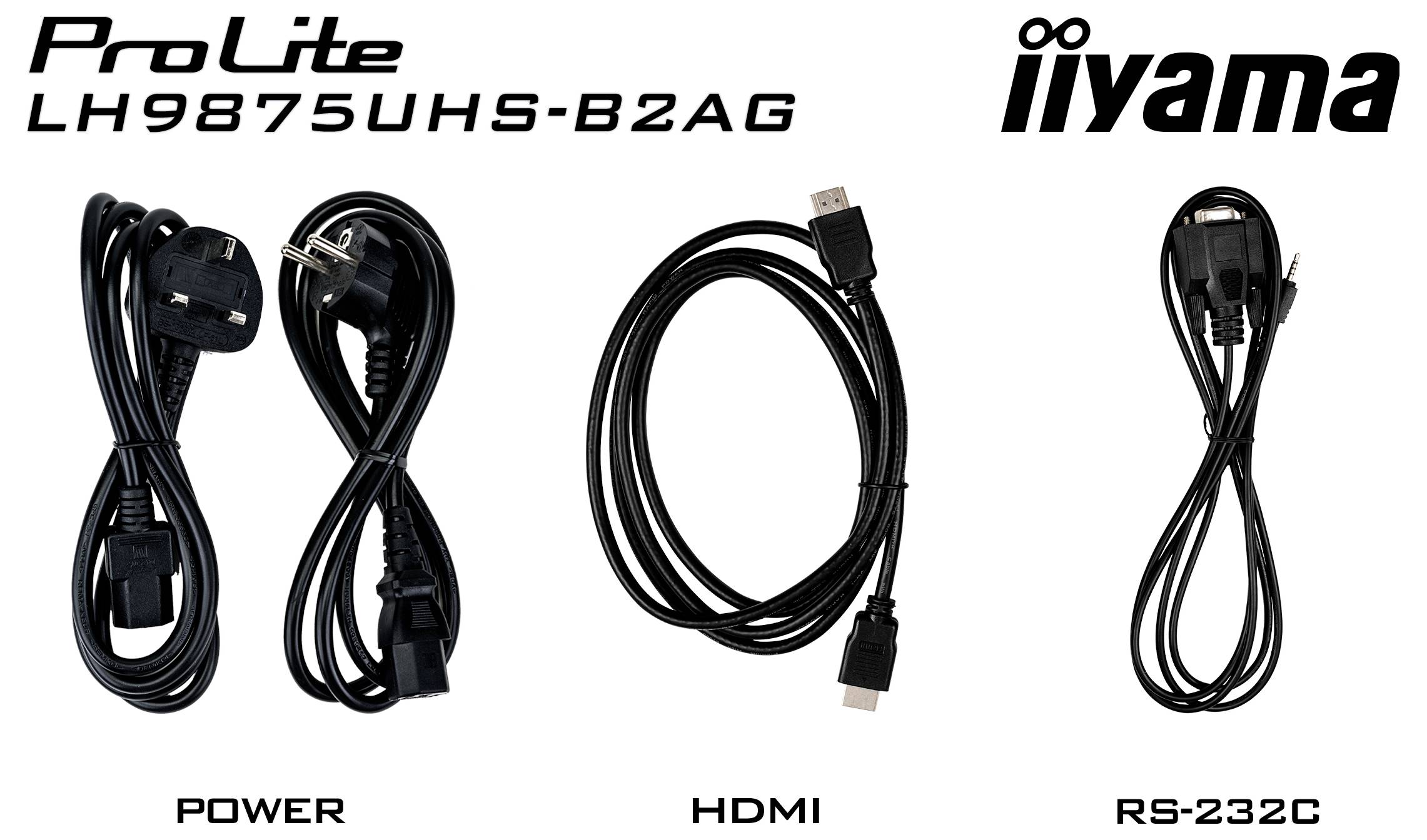 'ProLite LH9875UHS-B2AG' Monitorkabel: Strom, HDMI und RS-232C, dargestellt für Konnektivitätsoptionen. Marke: 'iiyama'.