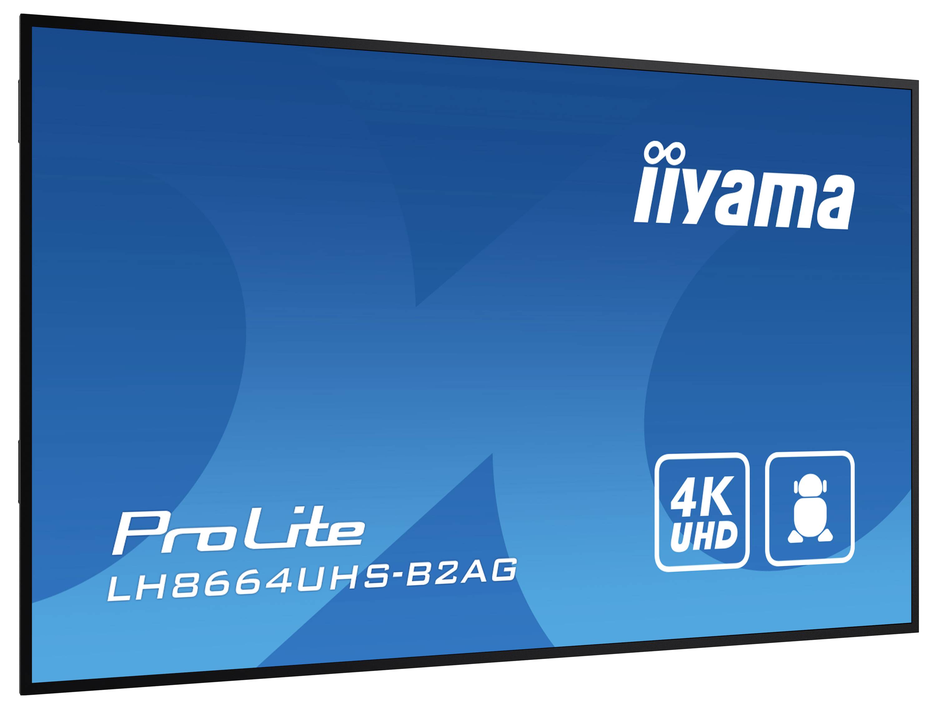 'iiyama ProLite' Monitor mit der Modellnummer 'LH8664UHS-B2AG', ausgestattet mit '4K UHD' Display, präsentiert auf einem blauen Hintergrund.