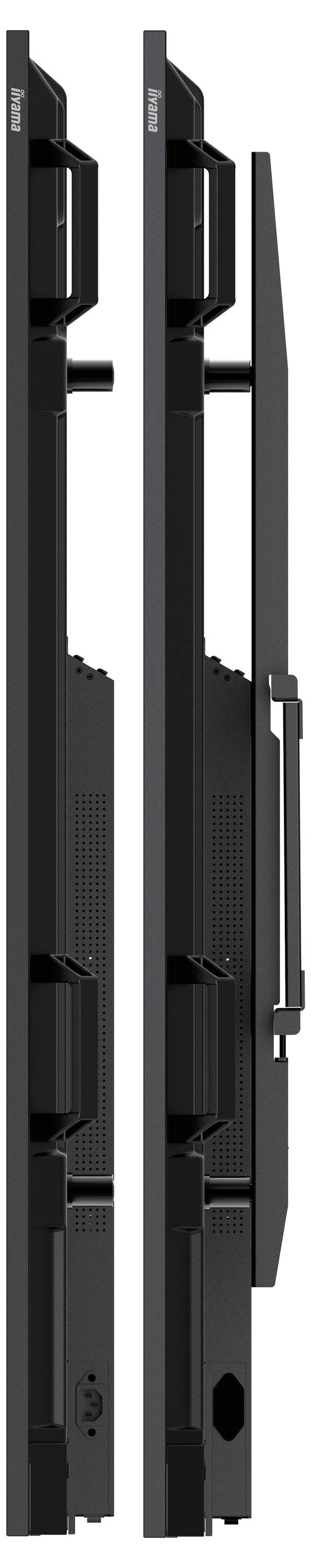 Seitenansicht zweier schlanker schwarzer Monitore, einer mit verstellbarem Ständer und der andere ohne, mit Hervorhebung der Unterschiede in Design und Dicke.