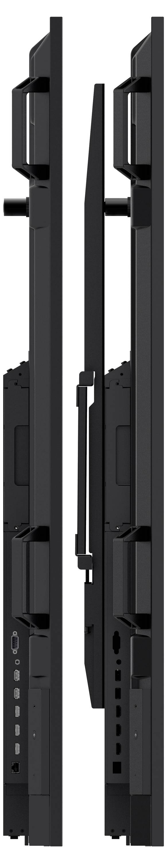 Seitenansicht von zwei dünnen, schwarzen elektronischen Geräten mit mehreren Anschlüssen und Tasten entlang der Unterseite, wahrscheinlich Monitore oder Bildschirme.