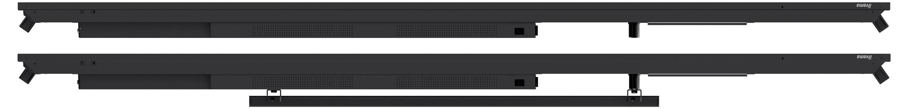 Zwei schwarze lineare Schienen sind horizontal ausgerichtet. Die obere Schiene ist durchgehend, während die untere Schiene einen Abschnitt hat, der nach unten verlängert ist.