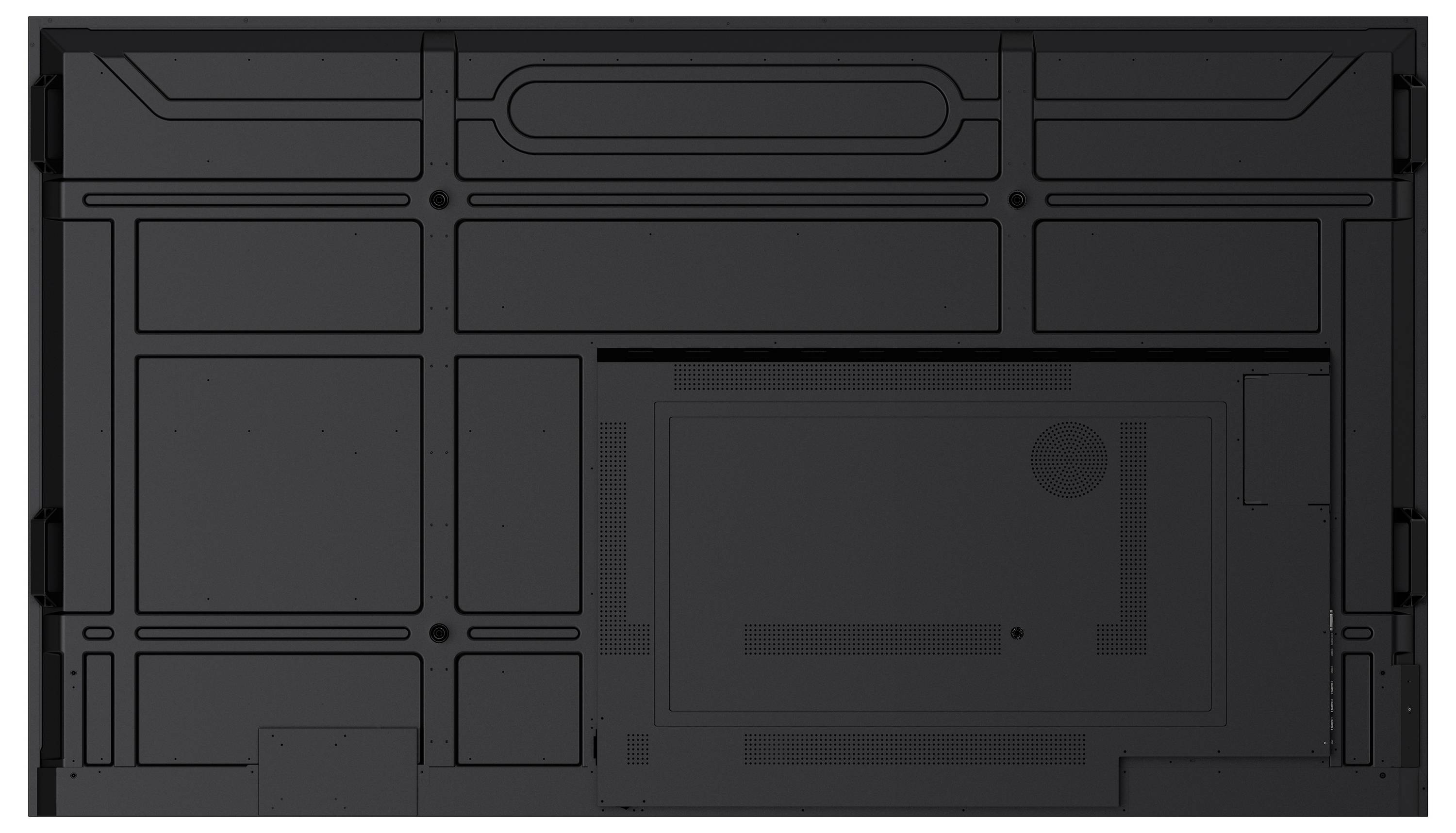 Rückansicht eines Flachbildfernsehers, die das Panel- und Anschluss-Layout zeigt, mit einer Reihe von rechteckigen und quadratischen Abschnitten.