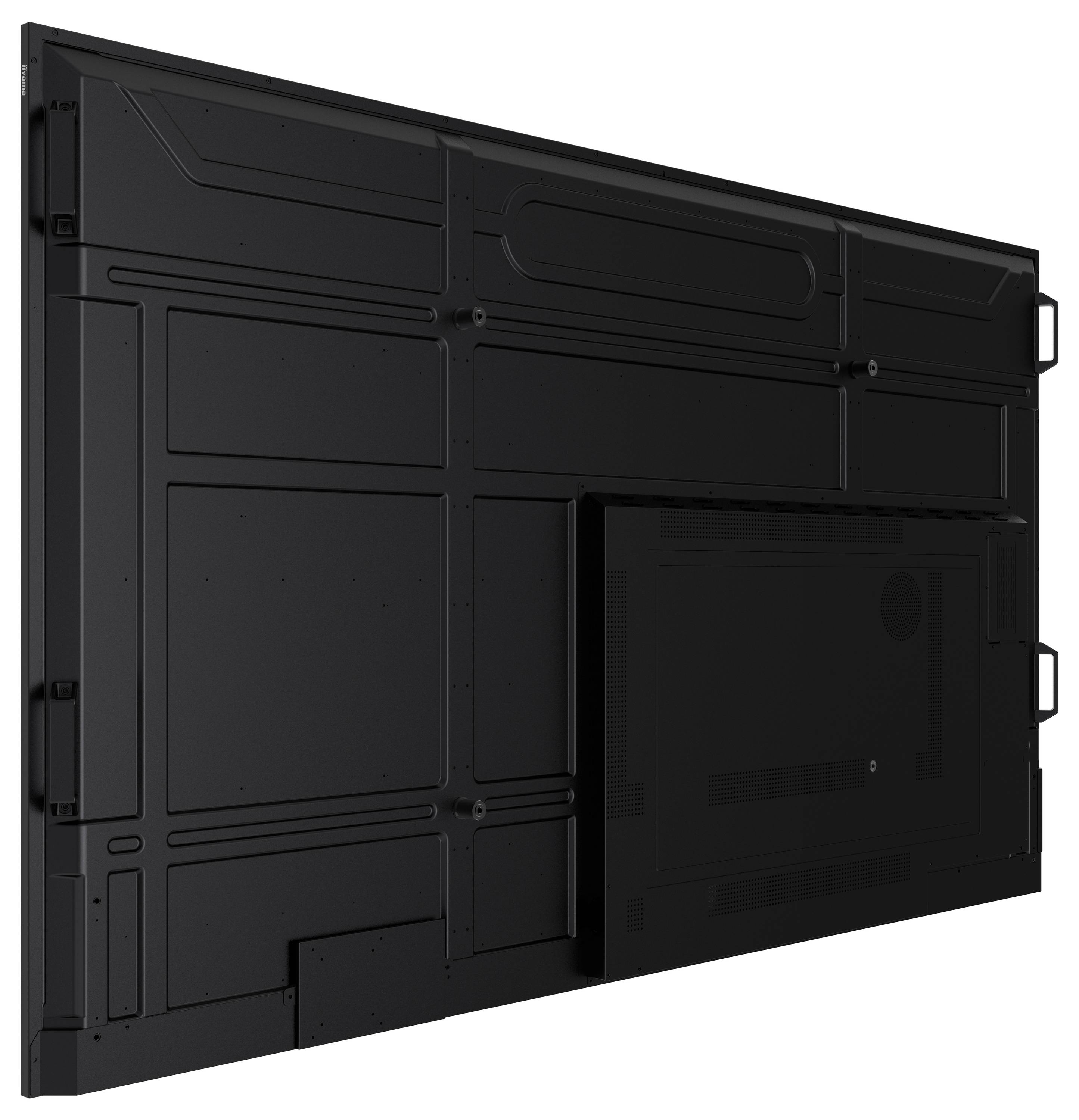 Rückansicht eines großen Flachbildfernsehers, der Befestigungselemente und Paneeldetails vor einem weißen Hintergrund zeigt.