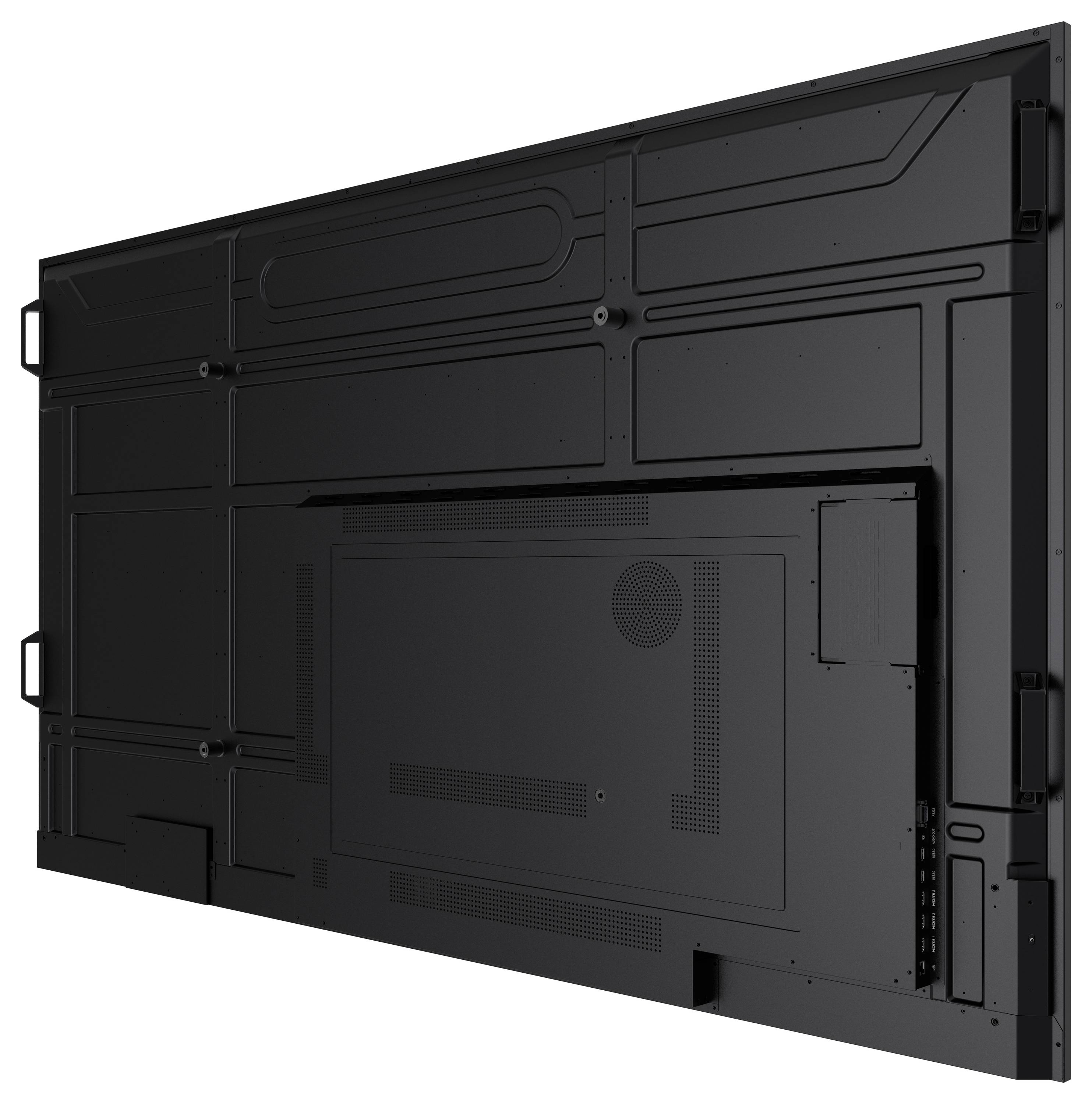 Das Bild zeigt die Rückseite eines großen, schwarzen elektronischen Anzeigeboards mit verschiedenen Paneelen und Lüftungsgittern.