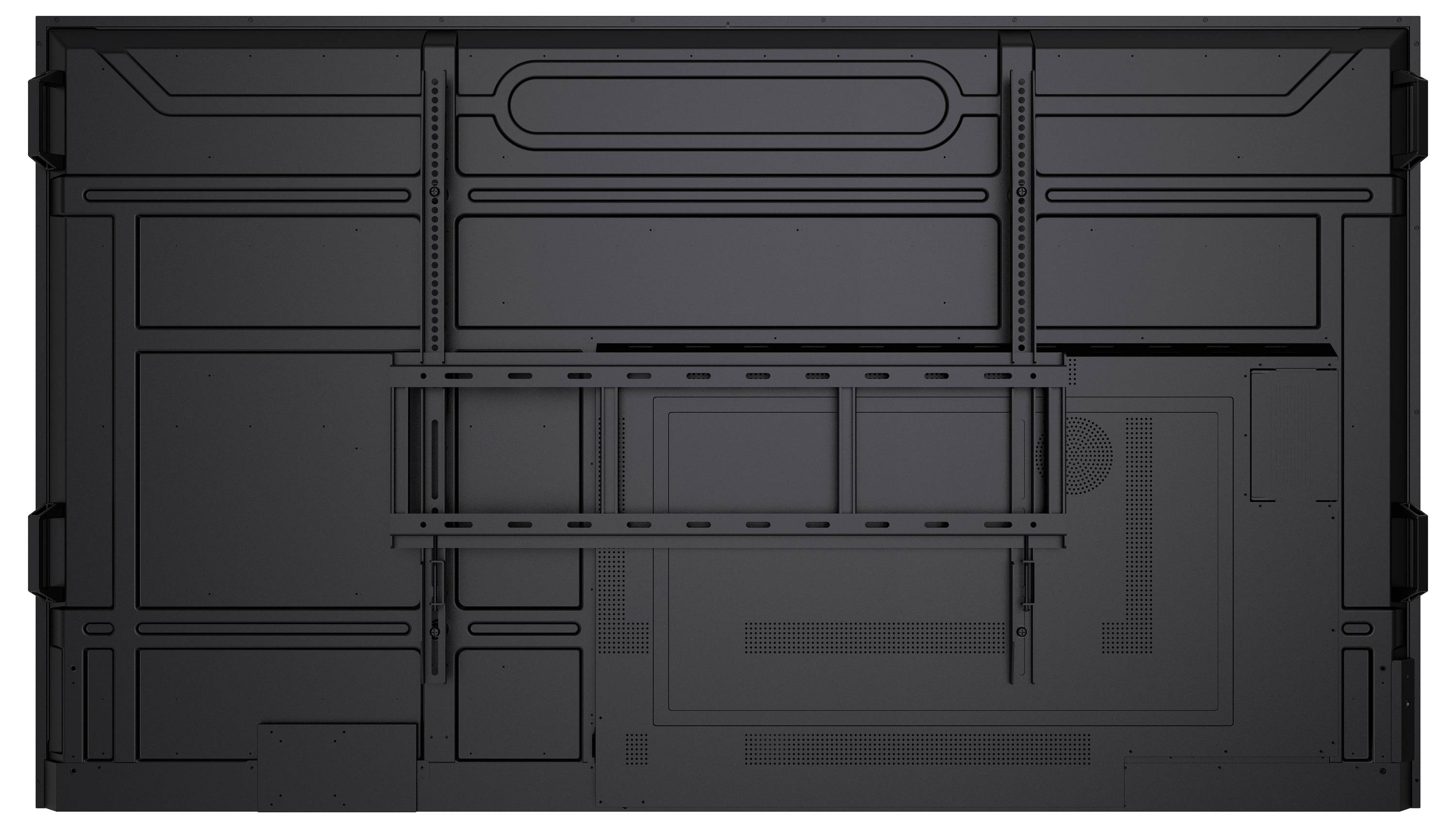 Die Abbildung zeigt die Rückansicht eines großen, flachen Bildschirmpanels mit sichtbaren Halterungen und strukturellen Verstärkungen.