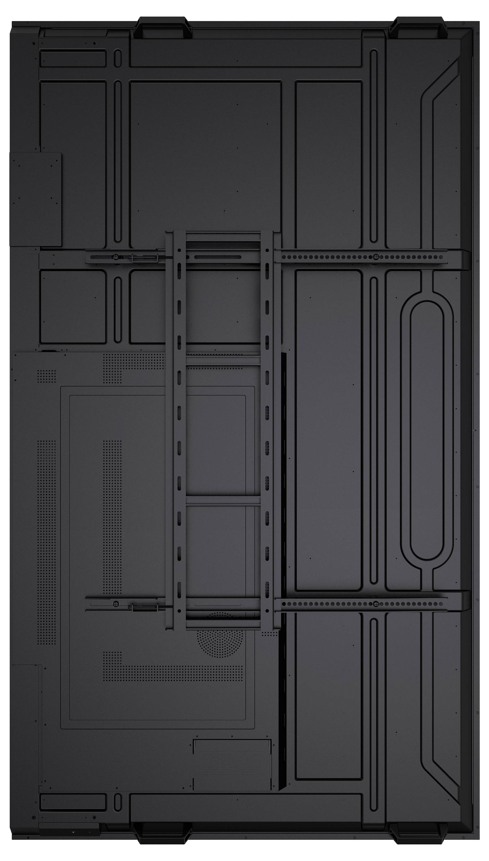 Ein futuristisches, rechteckiges, flaches, schwarzes Panel mit komplexen geometrischen Mustern und eingelassenen Bereichen, das eine Science-Fiction- oder technologische Ästhetik hervorruft.