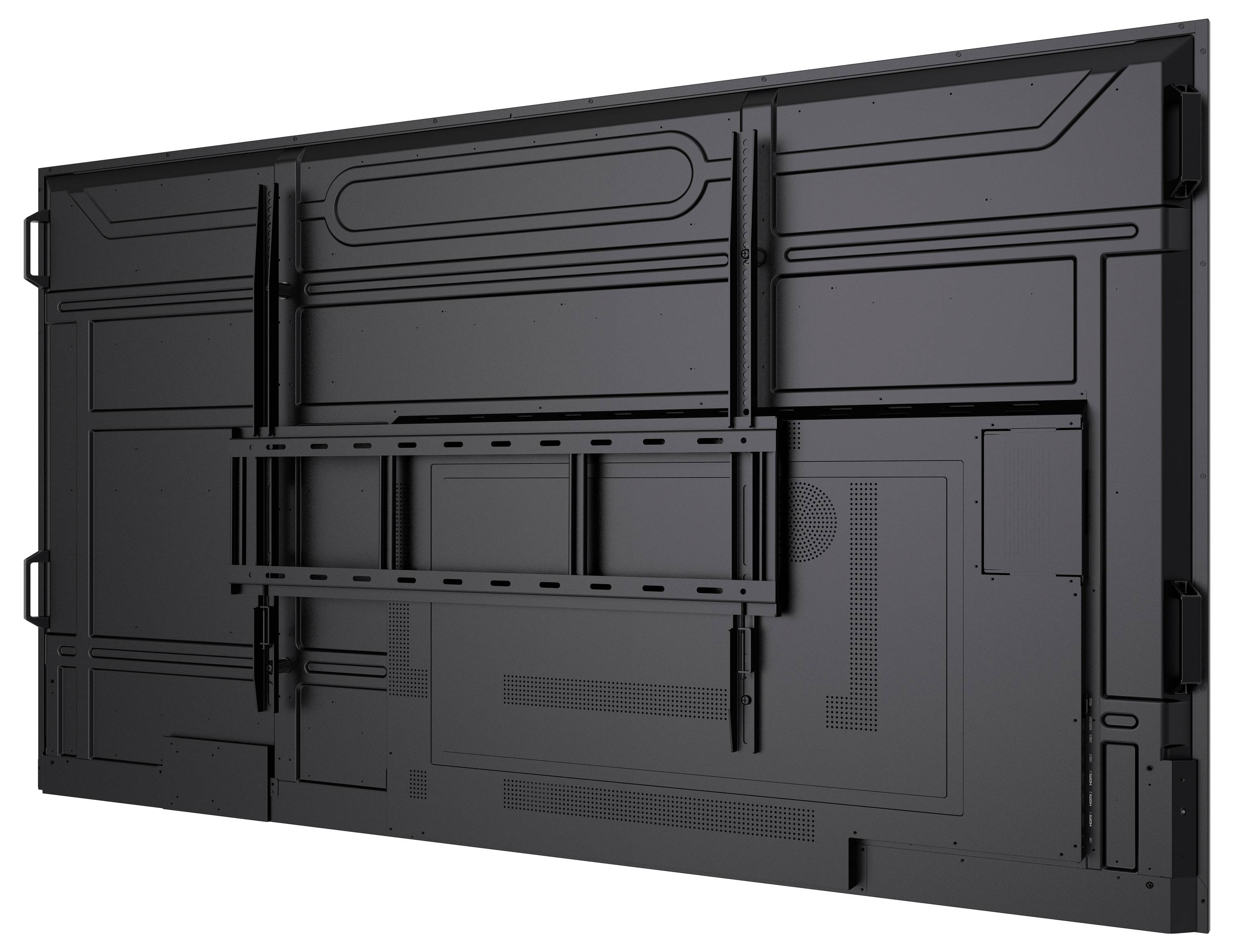 Rückansicht eines großen Flachbildschirms mit Montagehalterungen und mehreren Anschlüssen. Schwarzes Gehäuse mit Lüftungsmustern zur Kühlung.