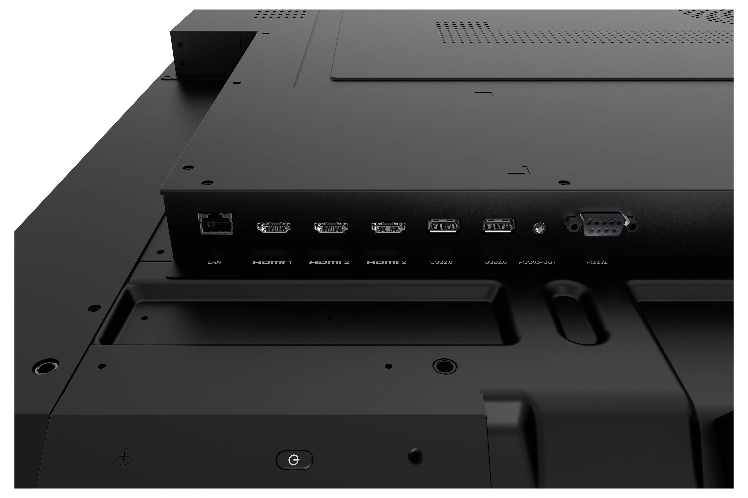 Nahaufnahme der Rückseite eines schwarzen elektronischen Geräts mit verschiedenen Anschlüssen, darunter LAN, HDMI1, HDMI2, USB, Audio und RS232C.