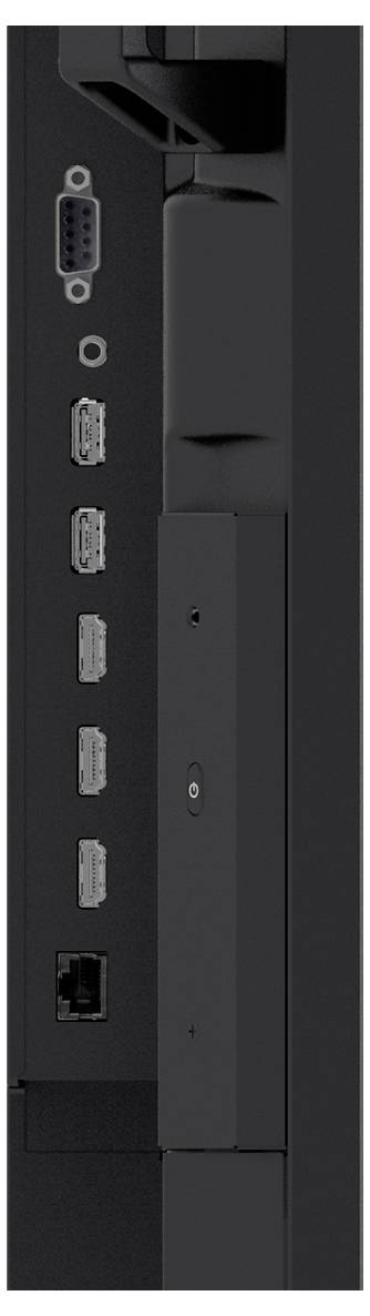 Seitenansicht eines schwarzen Computermonitors mit verschiedenen Anschlüssen: VGA, HDMI, DisplayPorts und einem Ethernet-Anschluss.