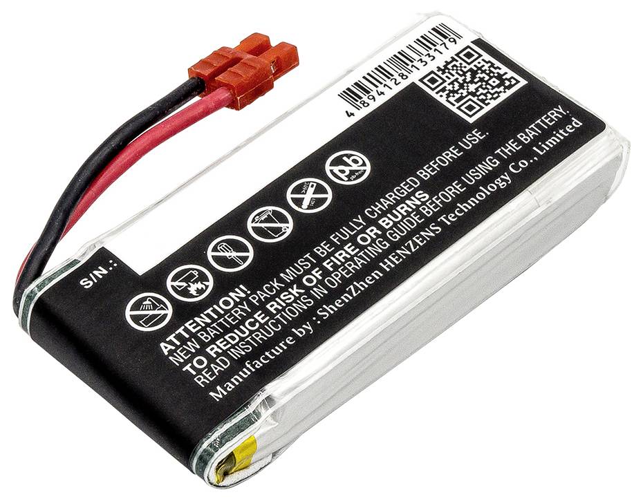 LiPo-Akku mit Warnsymbolen, Warnhinweis 'Batterie vor Gebrauch voll aufladen'. Hersteller: Shenzhen HEYIYENS Technology Co., Limited.