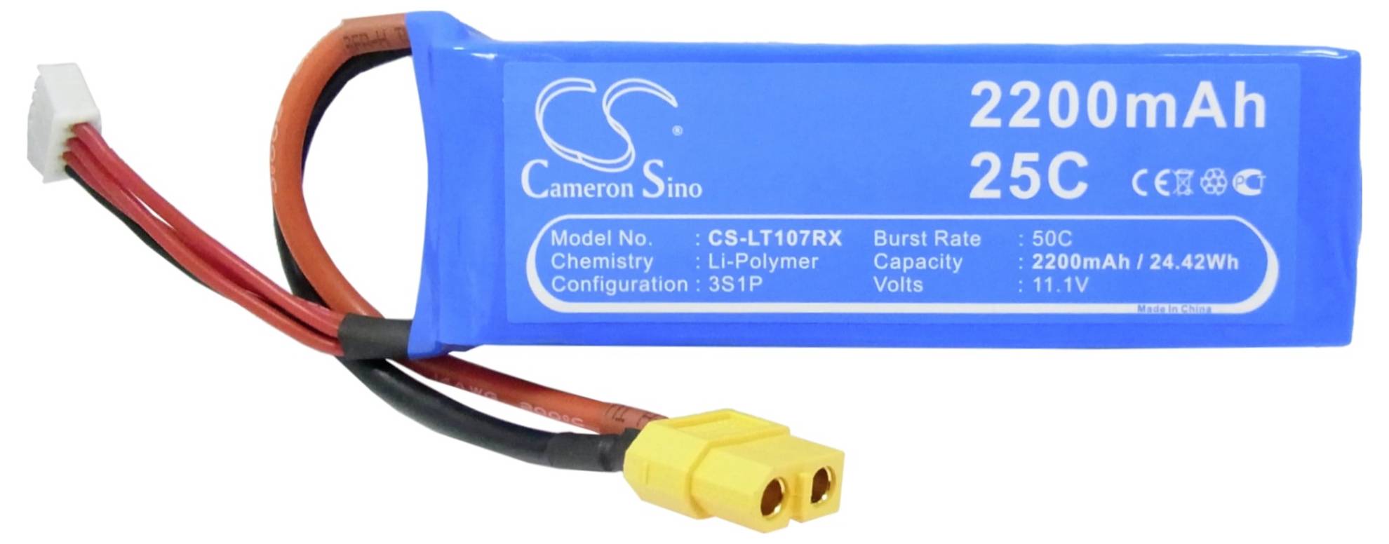 Blauer Lithium-Polymer-Akku mit 2200mAh Kapazität, 25C Entladerate und gelbem Anschluss, geeignet für ferngesteuerte Geräte.