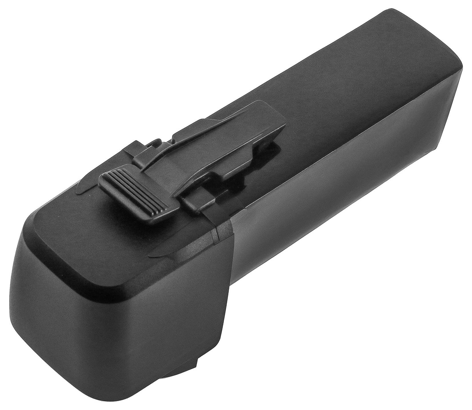 Rechteckiger schwarzer Akku, wahrscheinlich für ein E-Bike, mit Einrastmechanismus oben, auf weißem Hintergrund.